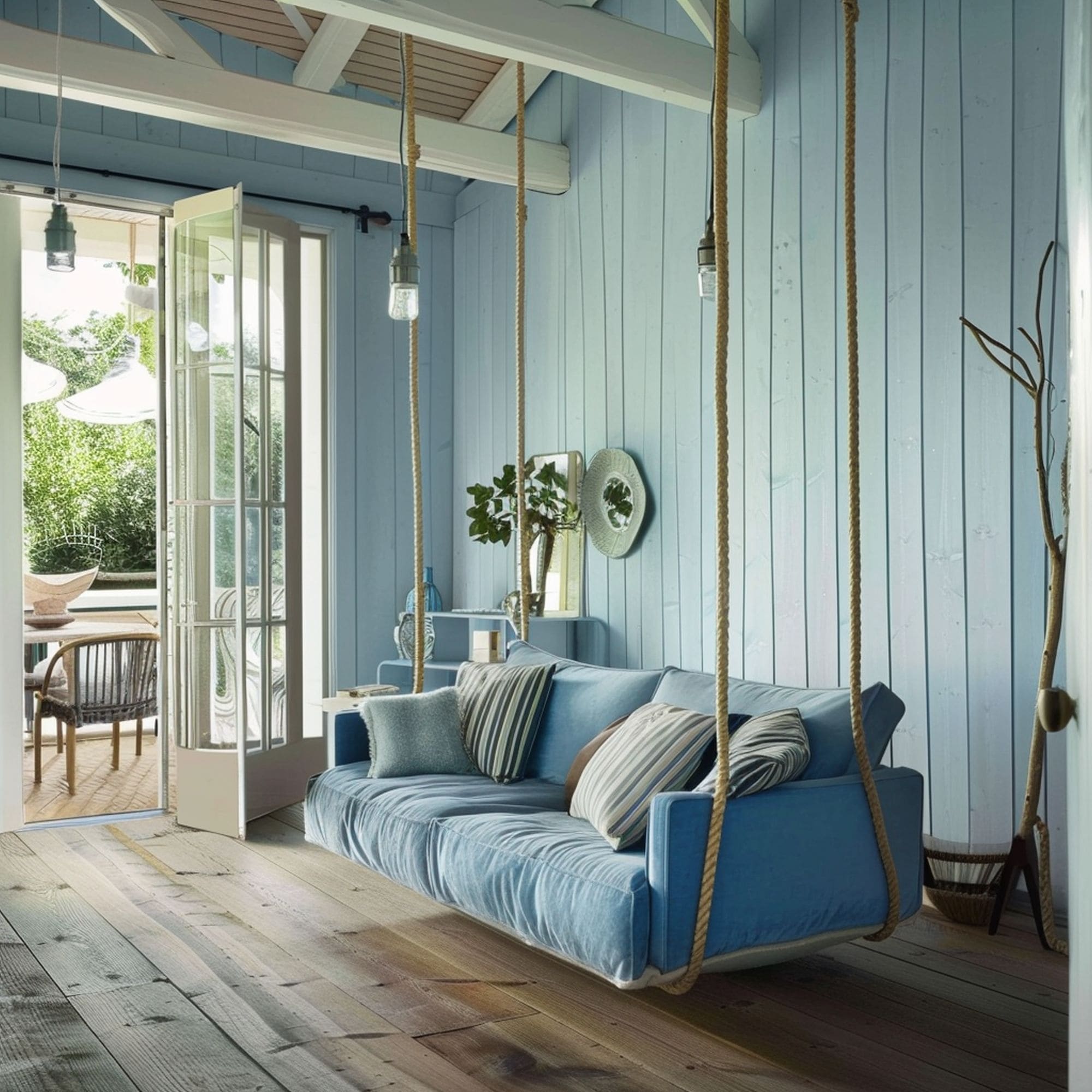 Blue Living Room With Suspended Couch