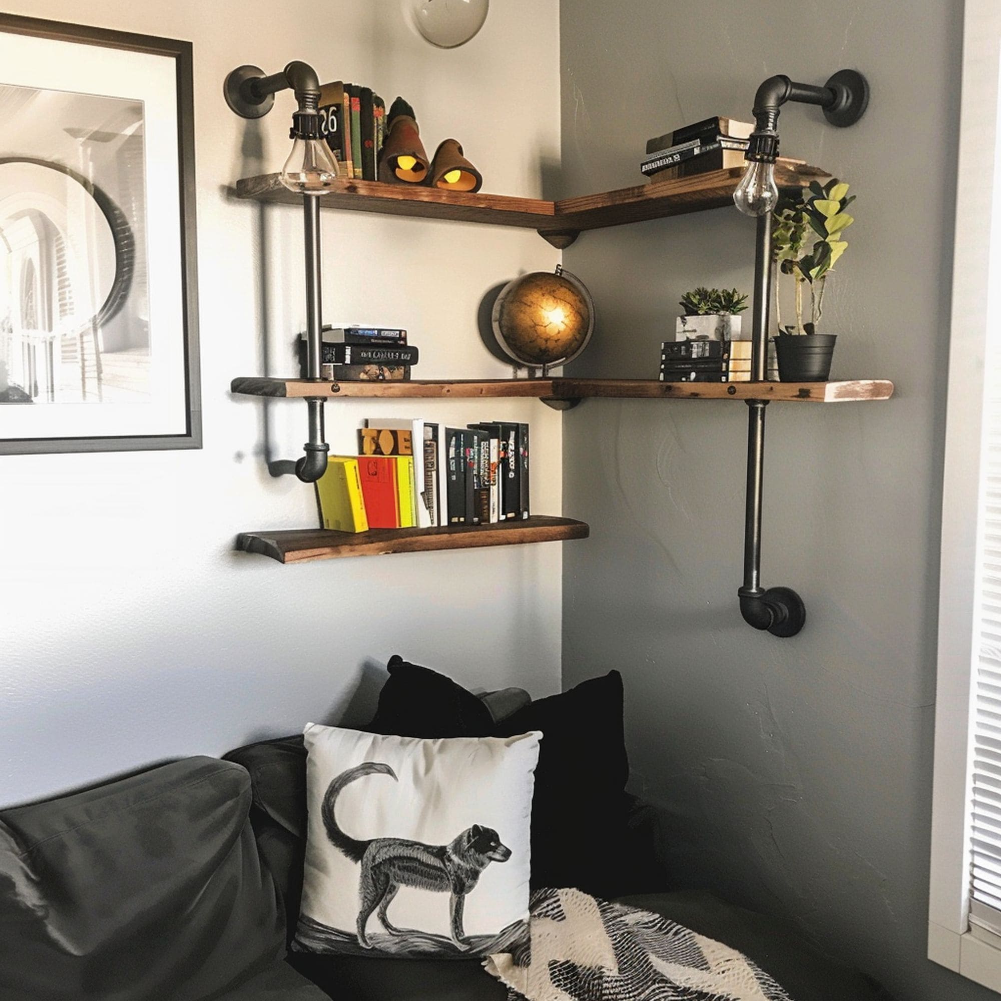 Industrial Pipe Shelves in Living Room Corner