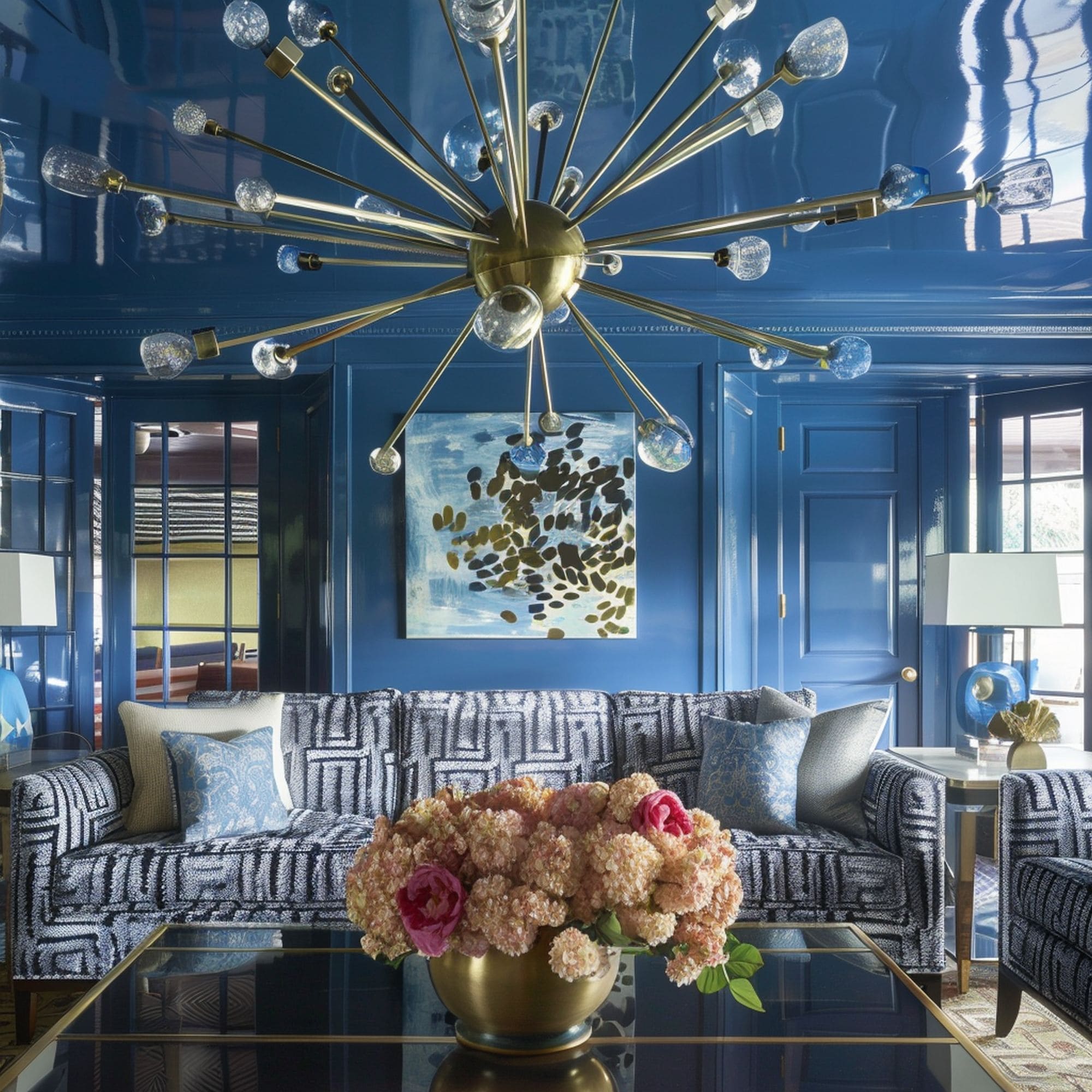 Blue Living Room With Painted Ceiling