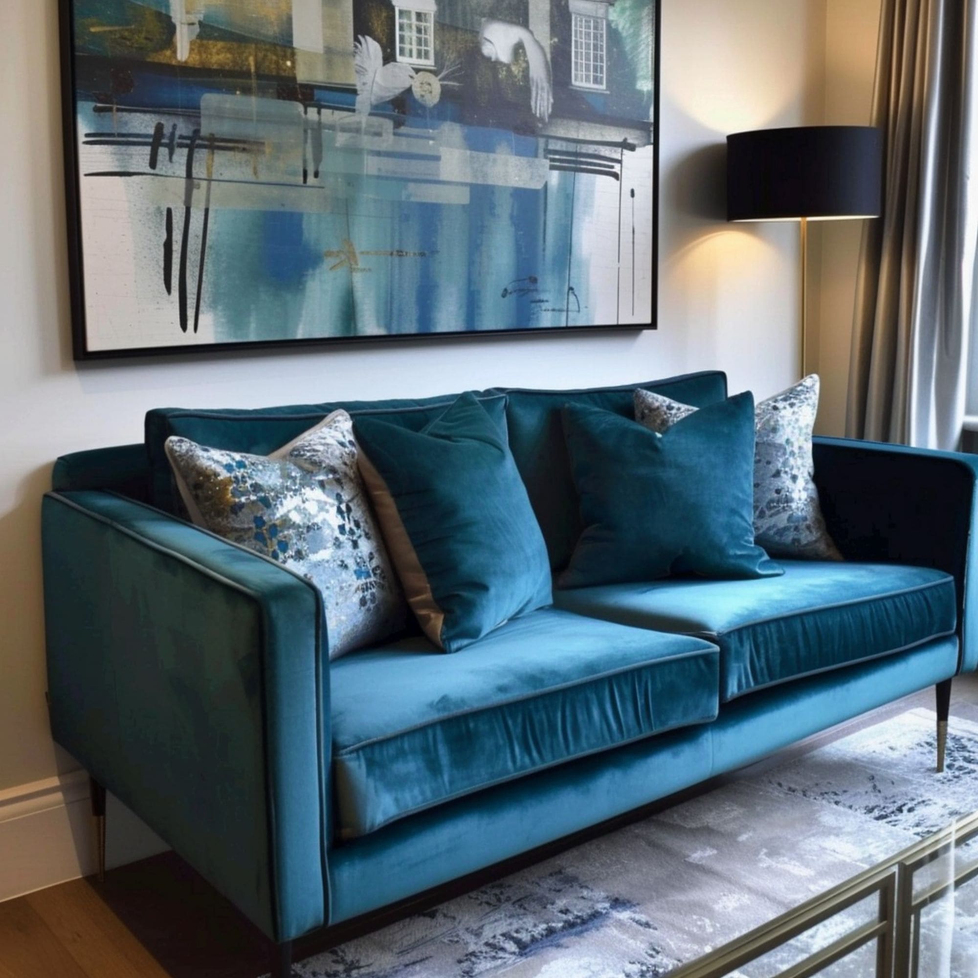 Blue Living Room With Velvet Sofa