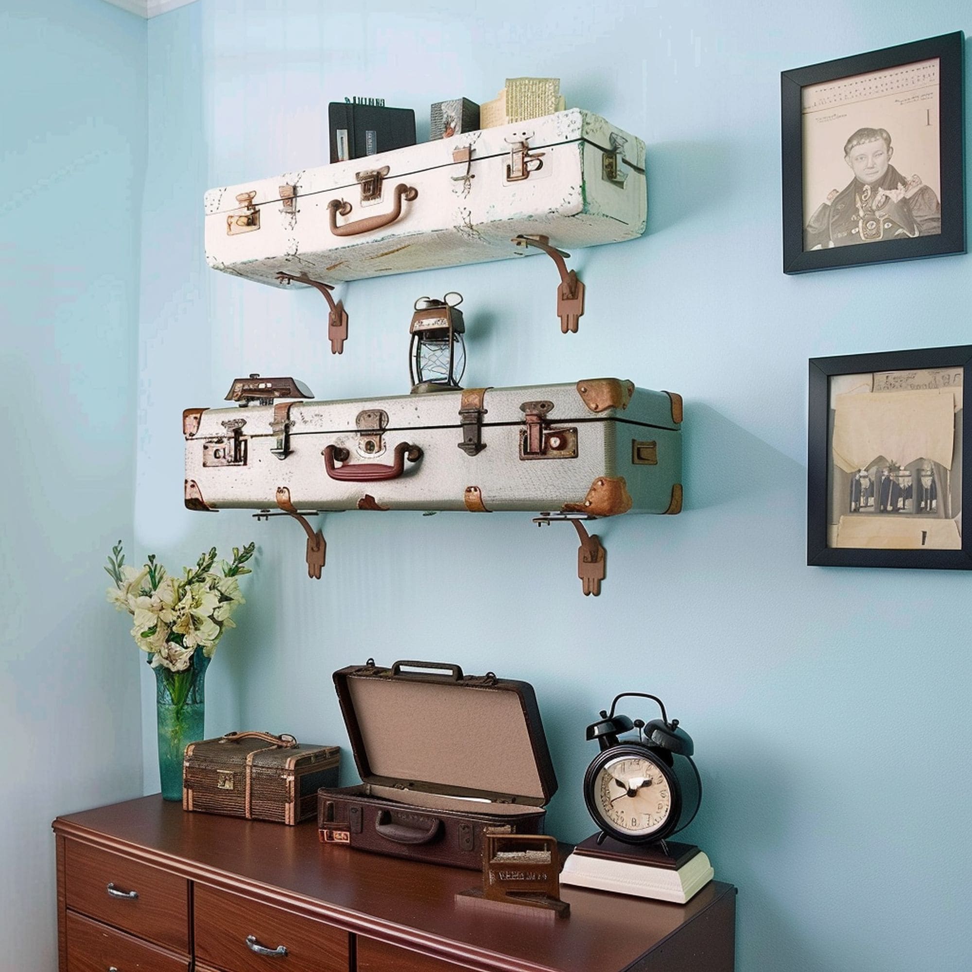 Decorative Suitcases Used as Floating Shelves