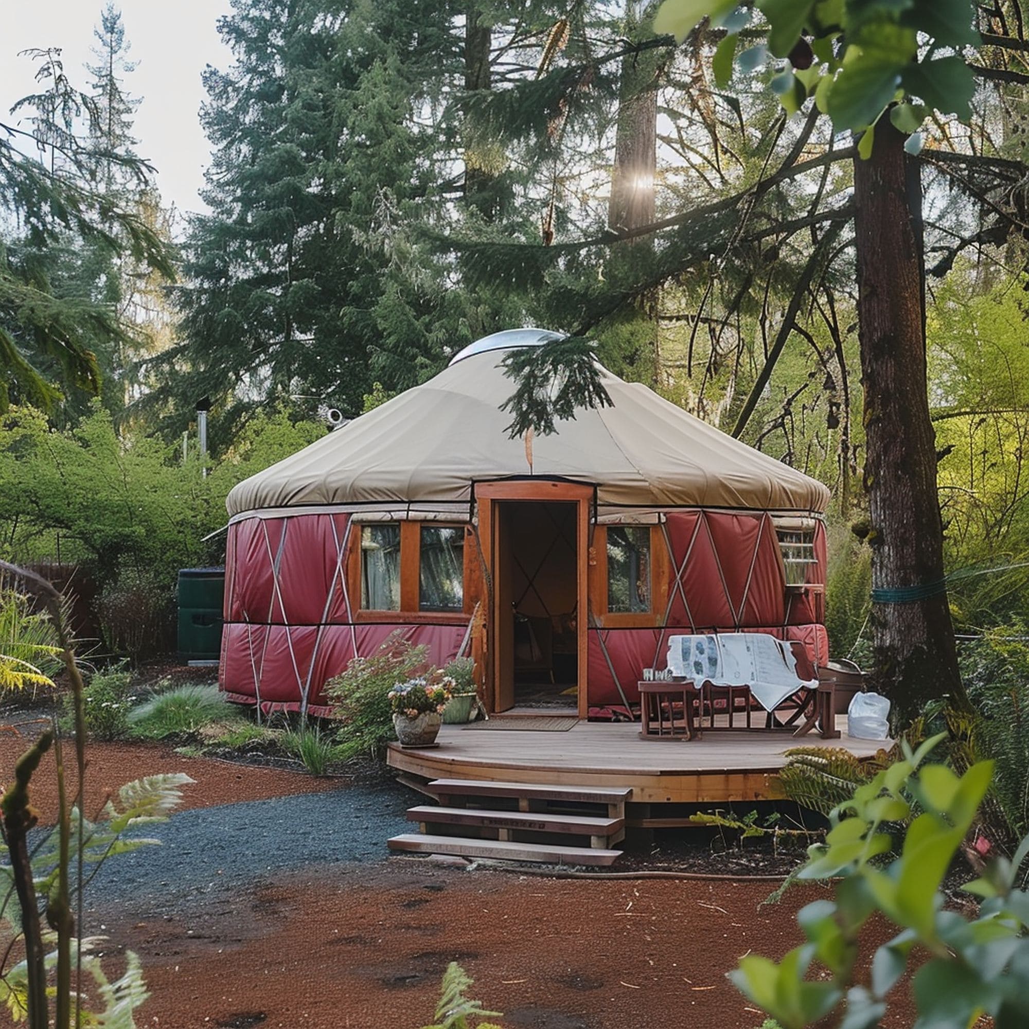 Red Yurt in the Forest