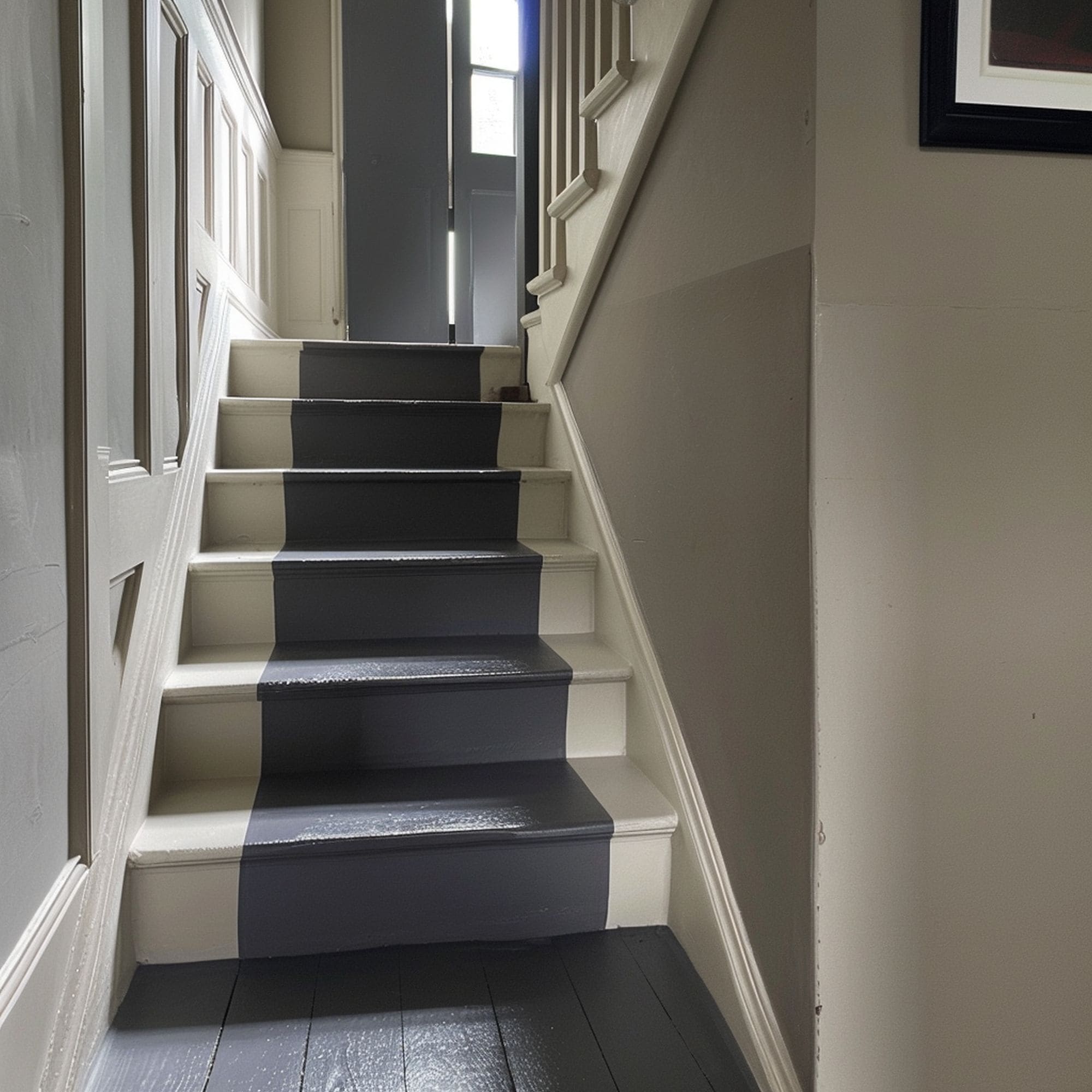 Beige Staircase With Carpet Like Dark Gray Painted Stairs