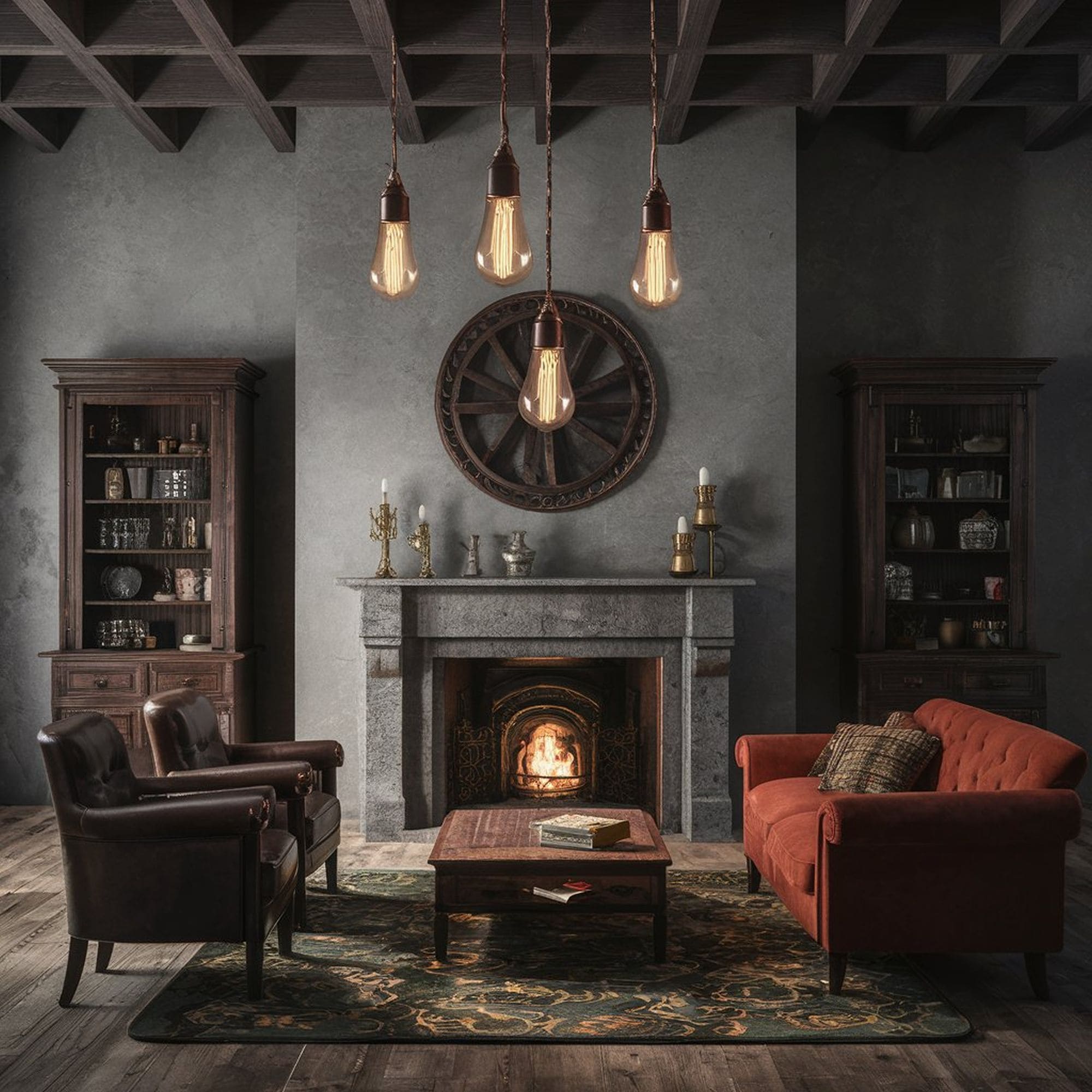 Steampunk Living Room With Fireplace