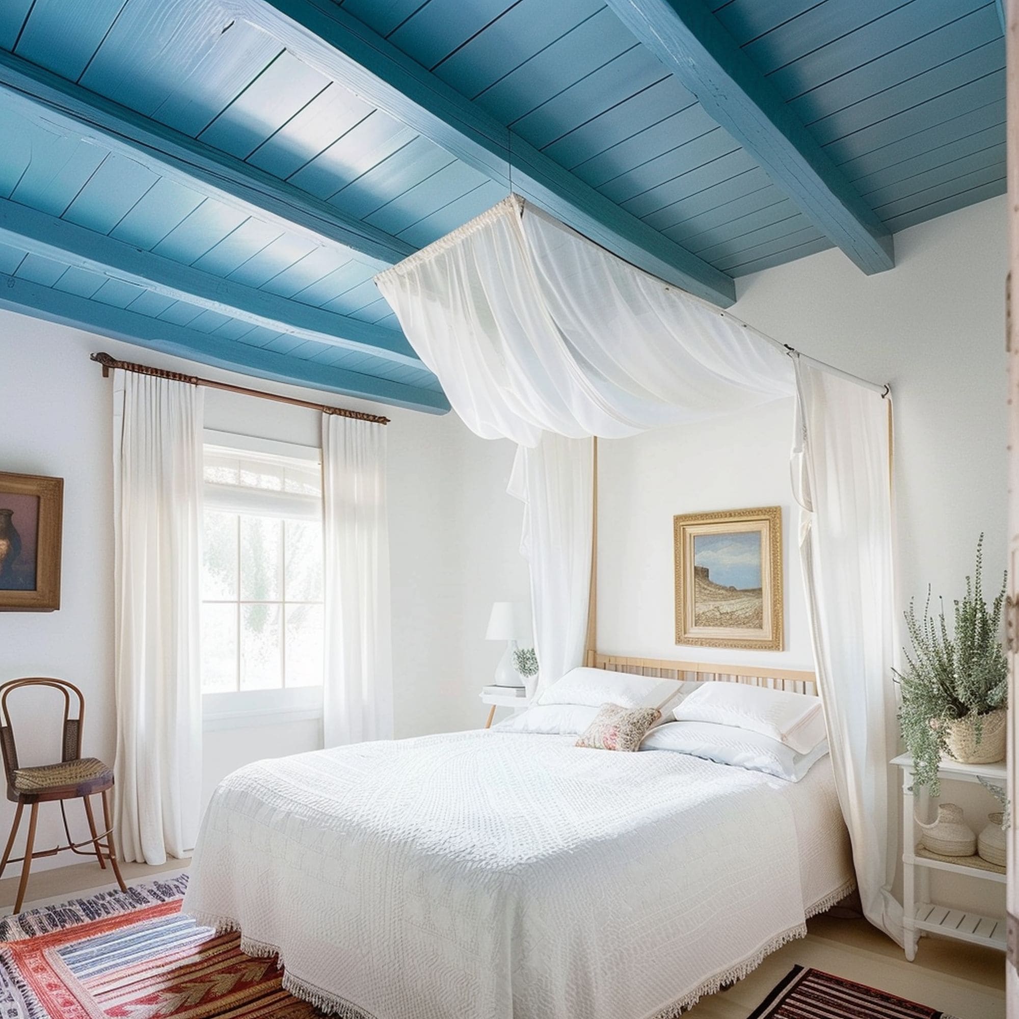 Blue Painted Ceiling in Rustic Bedroom