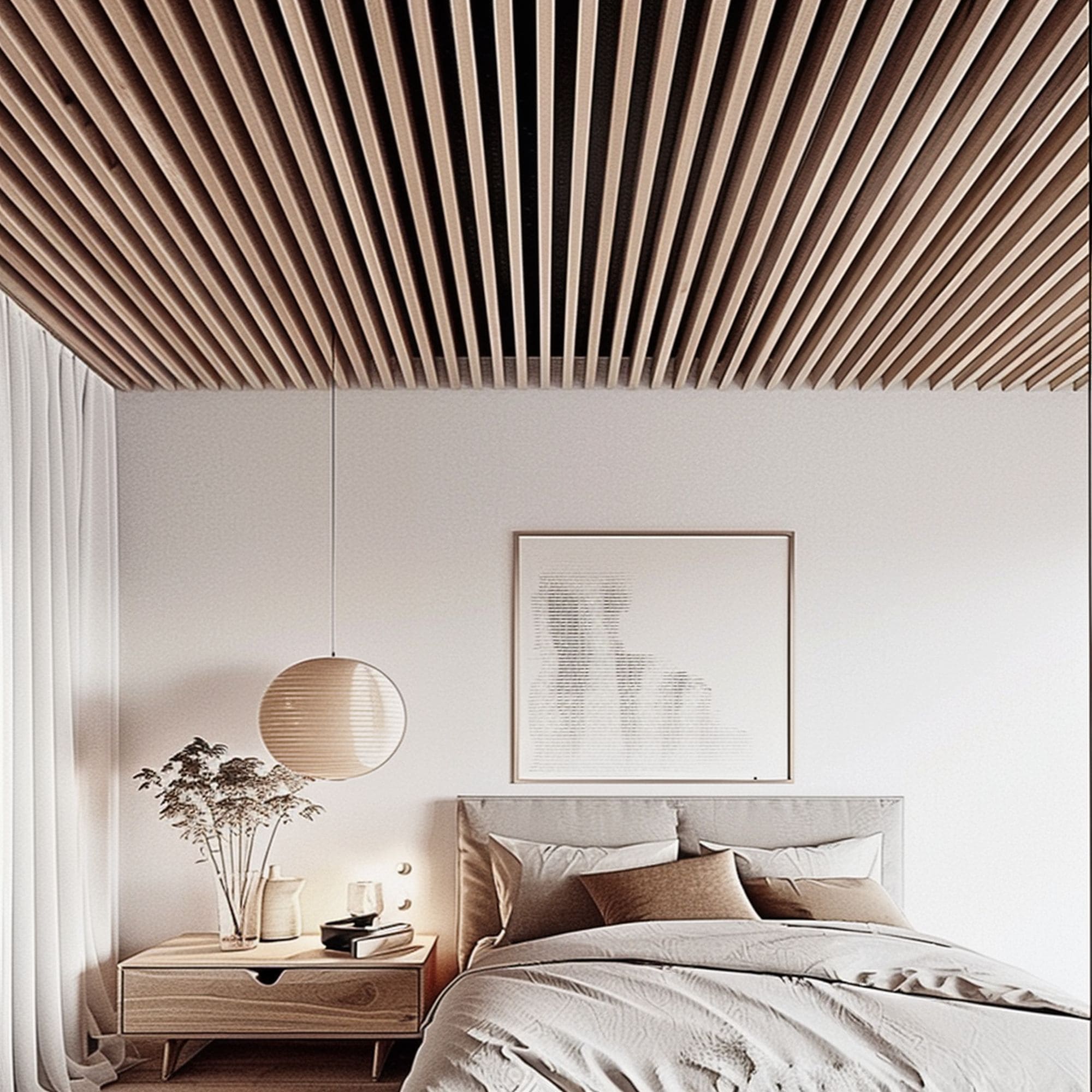 Scandinavian Bedroom With Slatted Wood Ceiling