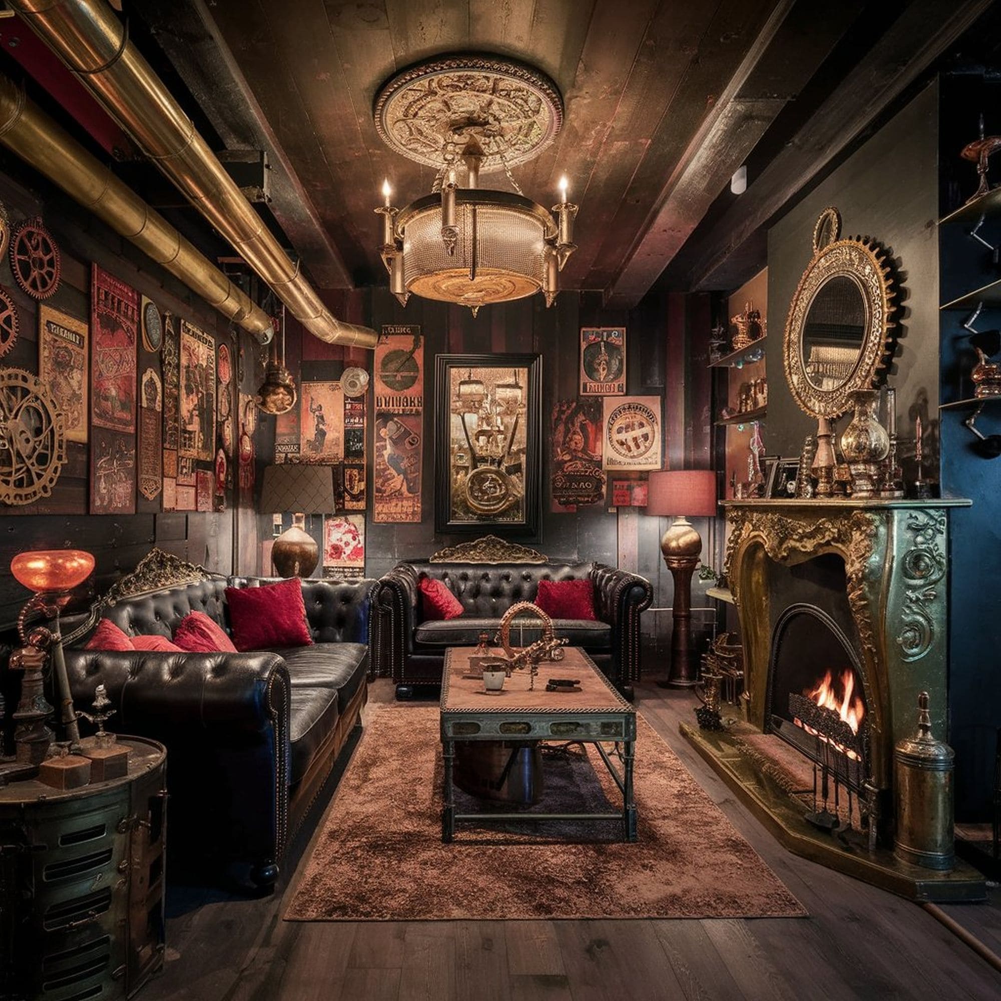 Steampunk Cozy Living Room With Black Furniture