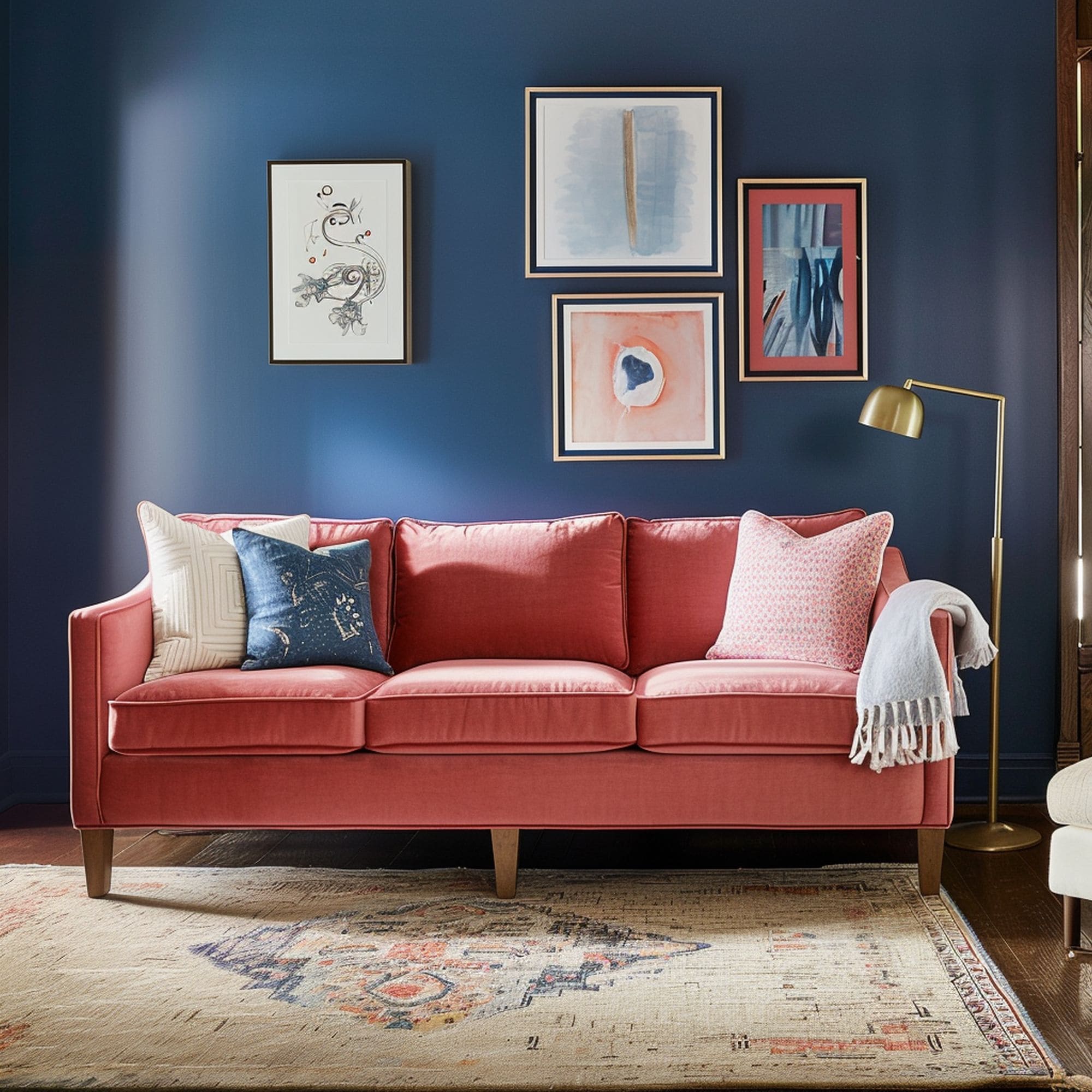 Blue Living Room With Red Couch
