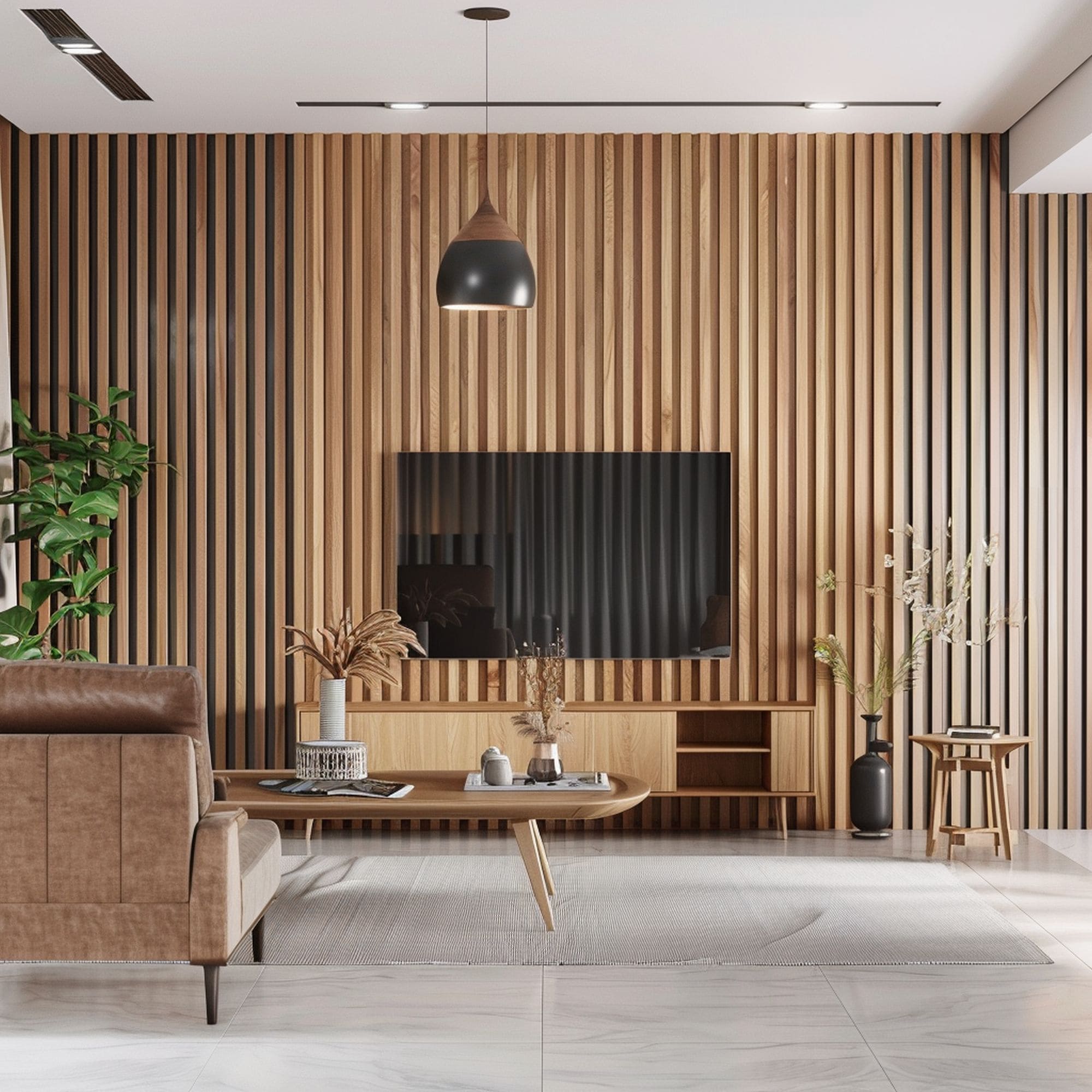 Scandinavian Living Room With Slatted Wood Wall