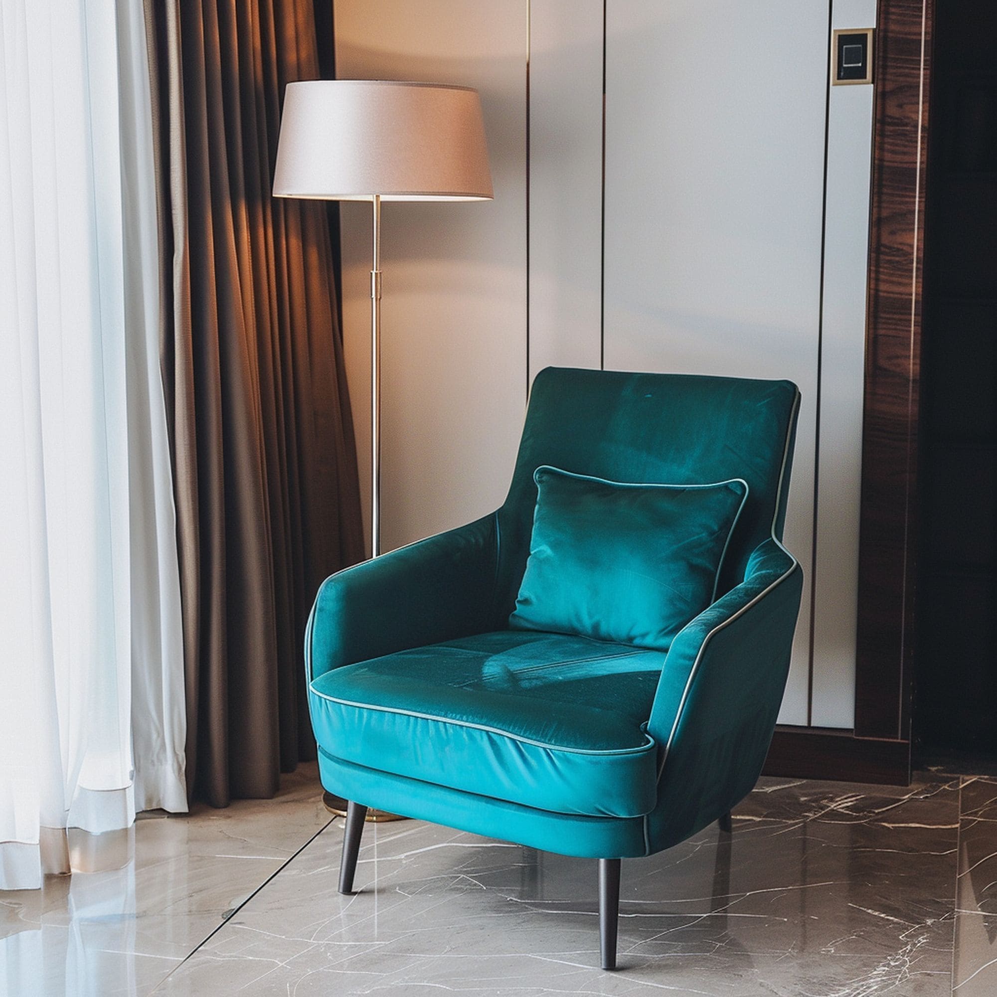 Blue Velvet Chair in Living Room Corner