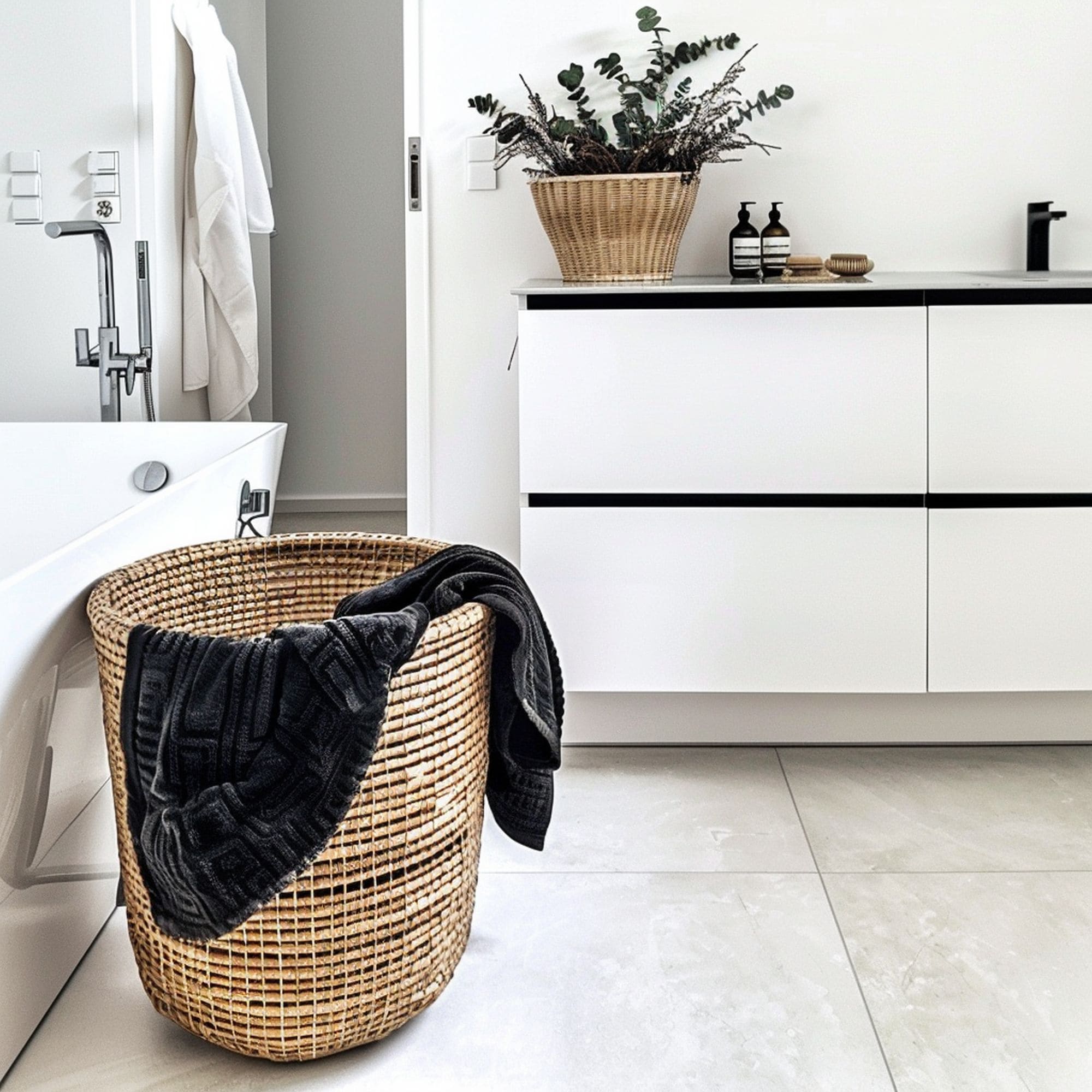 Stylish Laundry Basket in Modern Bathroom