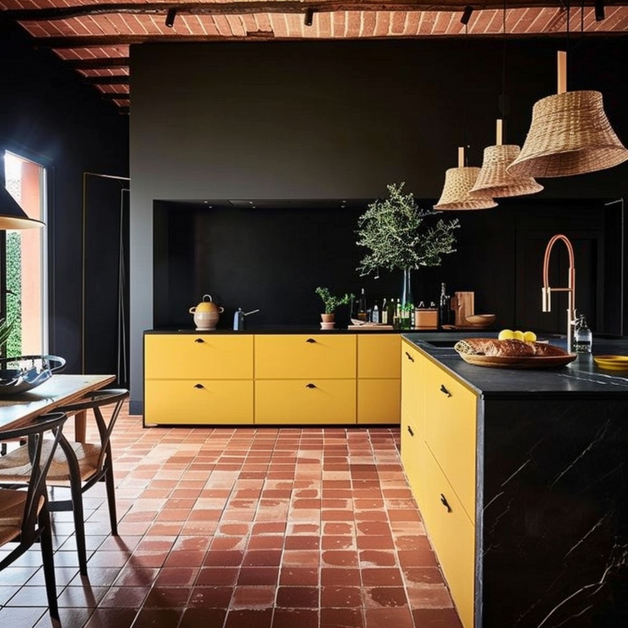 Black Kitchen With Mustard Yellow Cabinets
