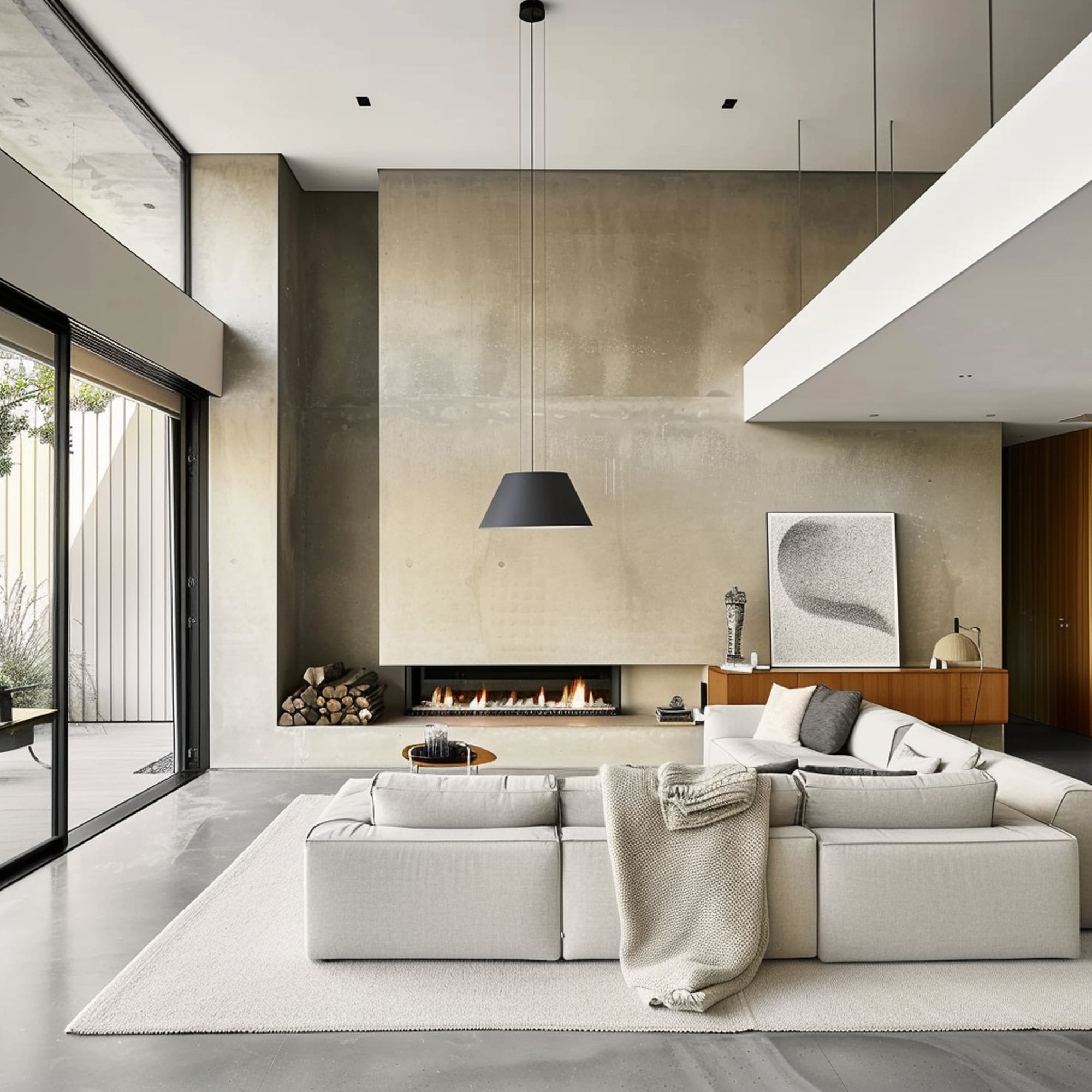 Minimalist Fireplace With Cream Tone Accent Wall