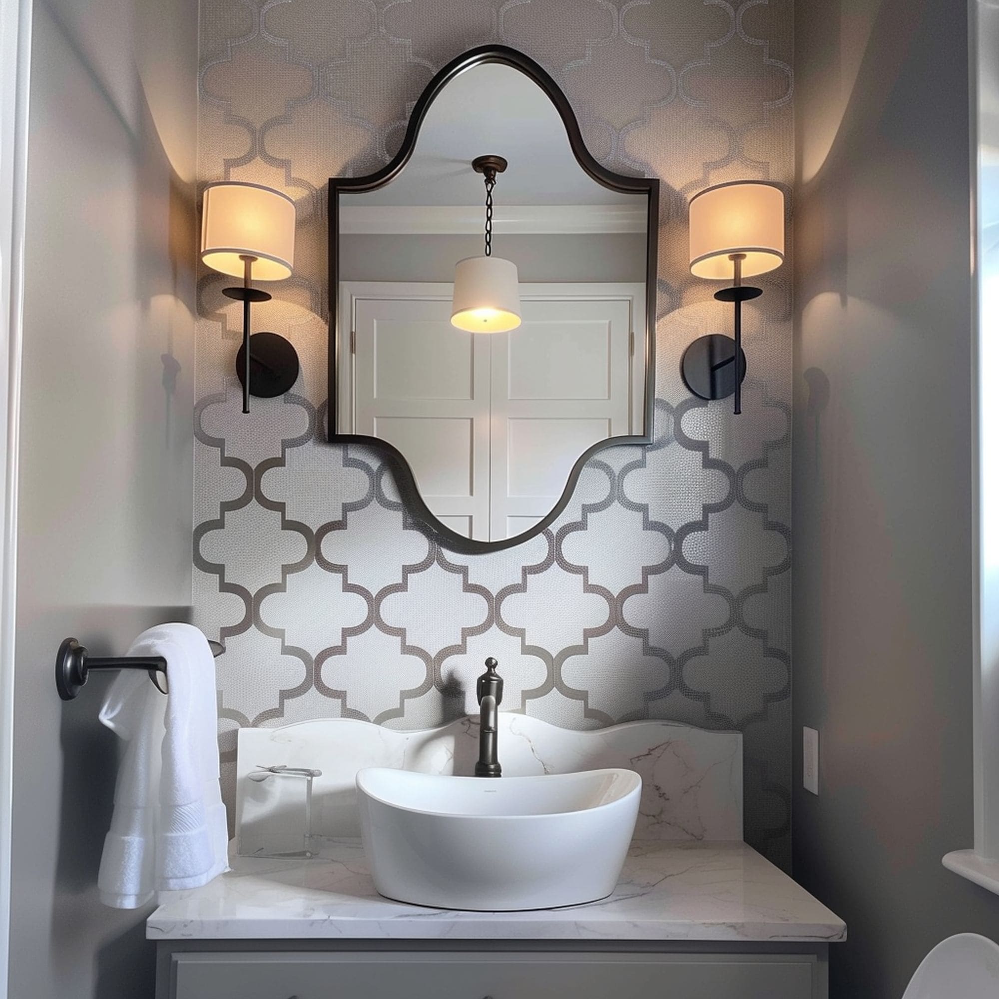 Powder Room With Limestone Washstand and Patterned Wallpaper
