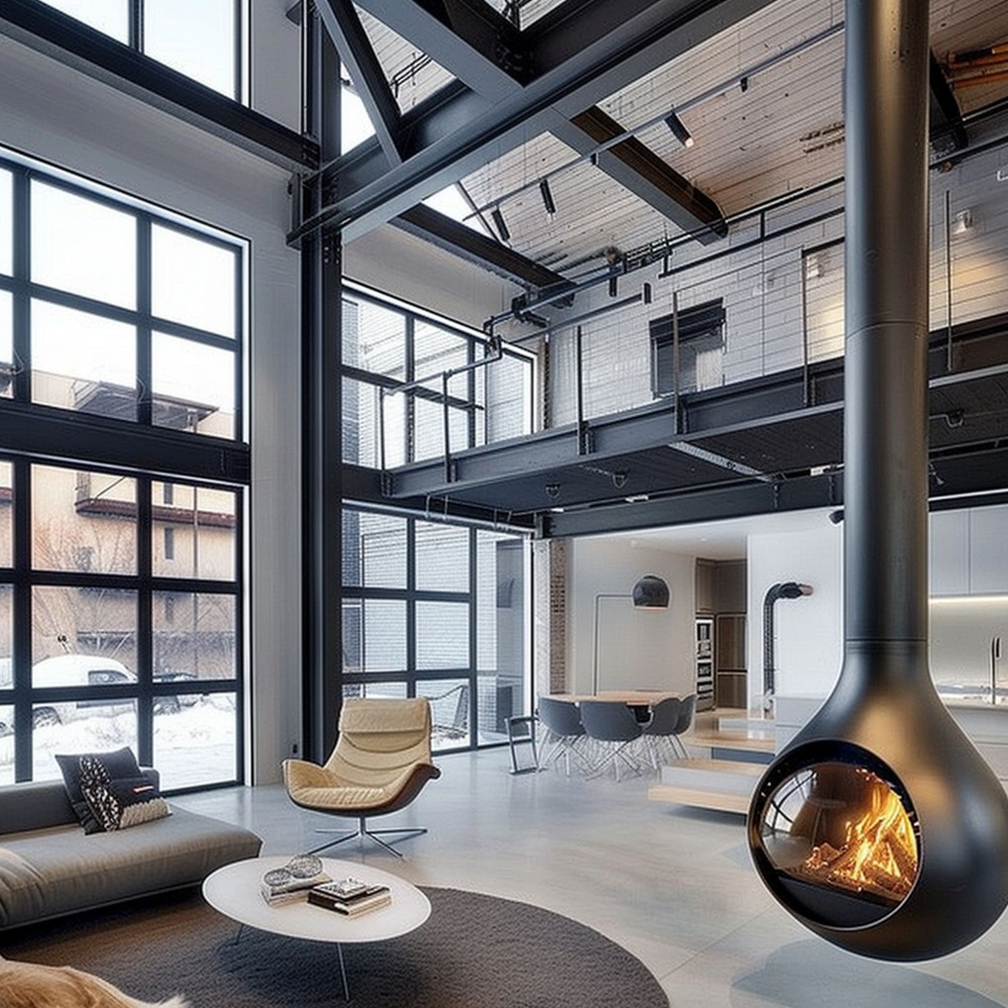 Minimalist Fireplace in Industrial Living Room