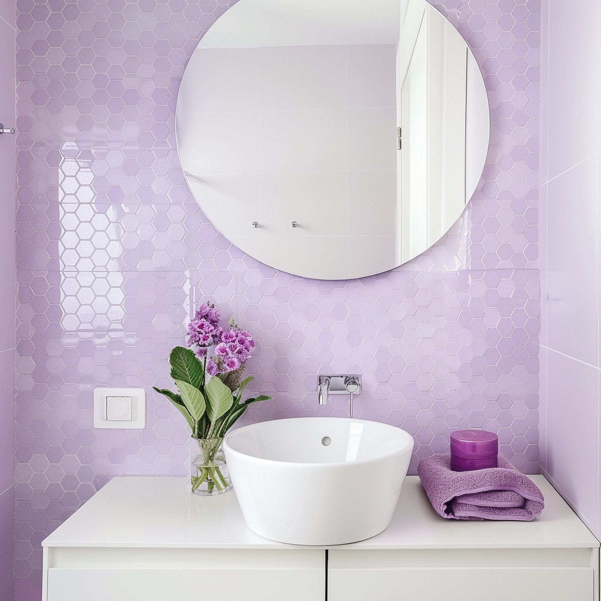 Modern Powder Room With Purple Honeycomb Patterned Tiles