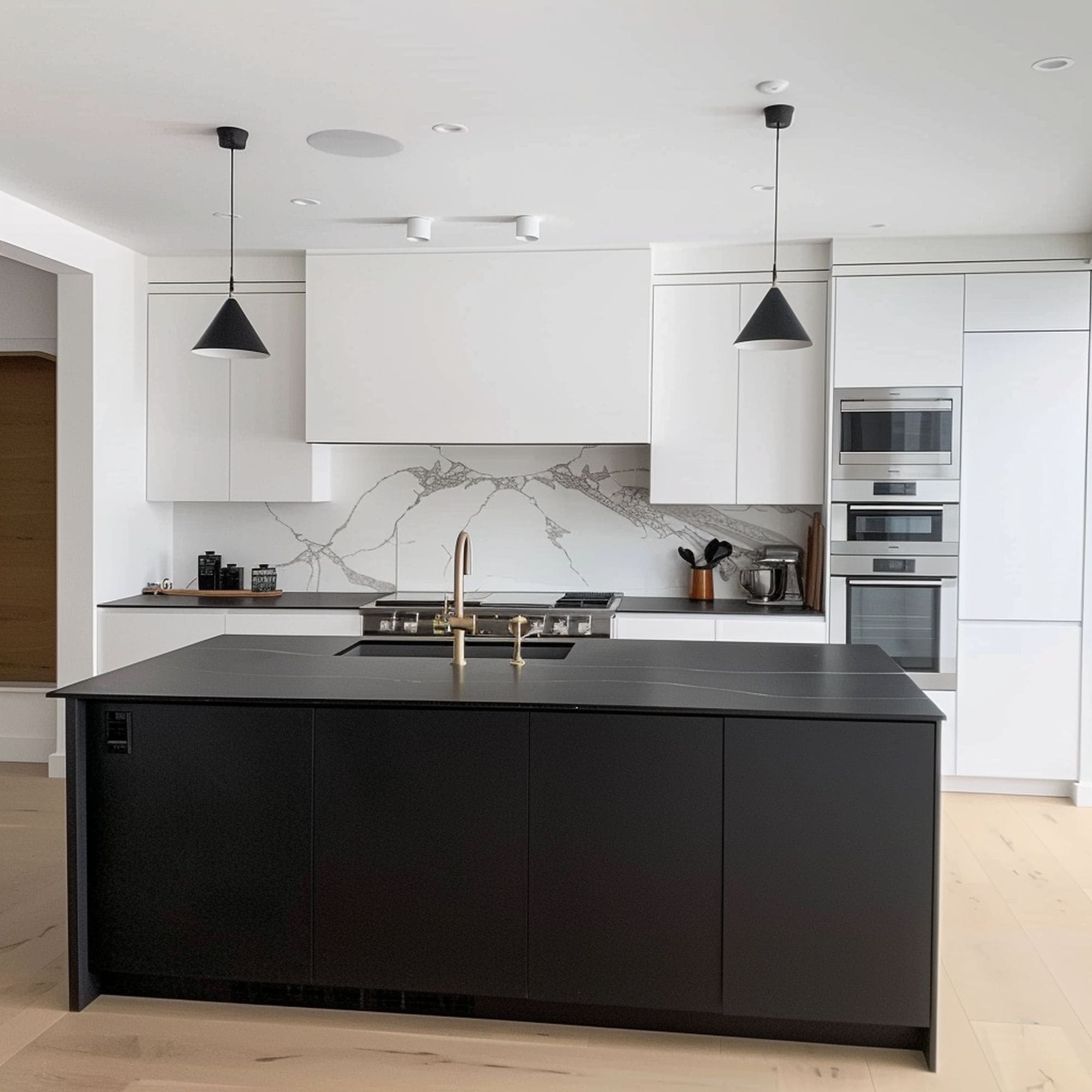 Black Kitchen Island and White Cabinets