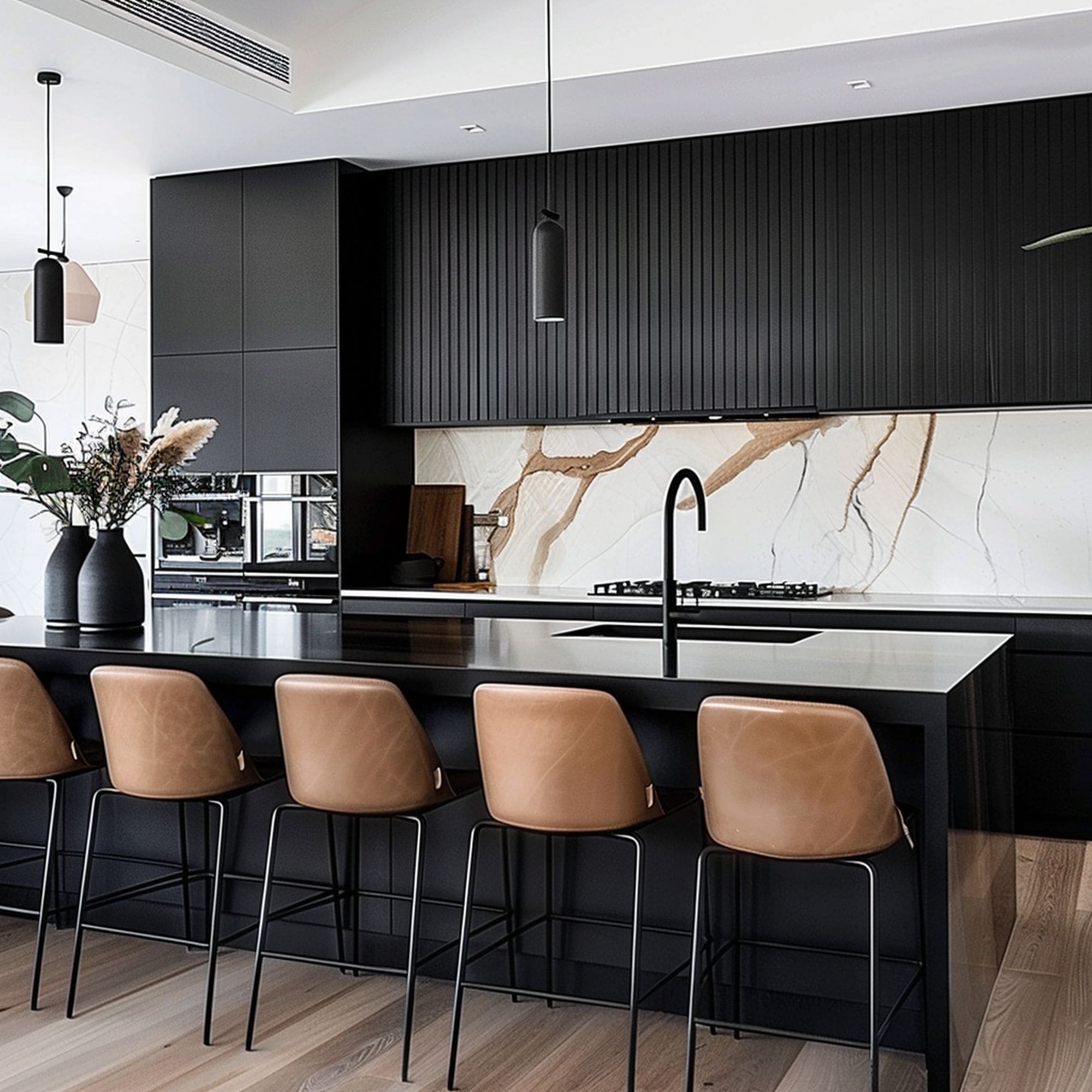 Black Kitchen With Leather Bar Stools