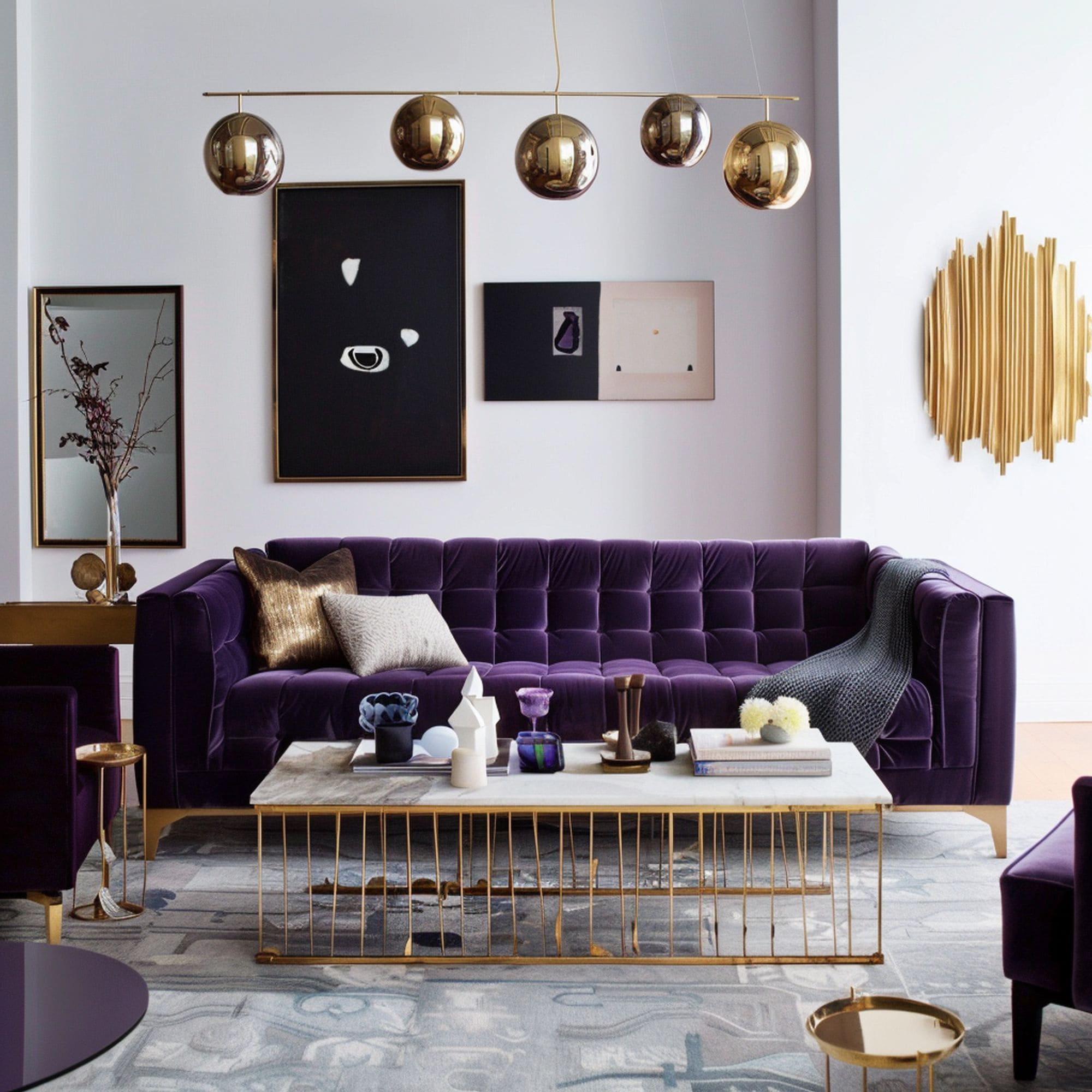 Mid Century Modern Purple and Gold Living Room