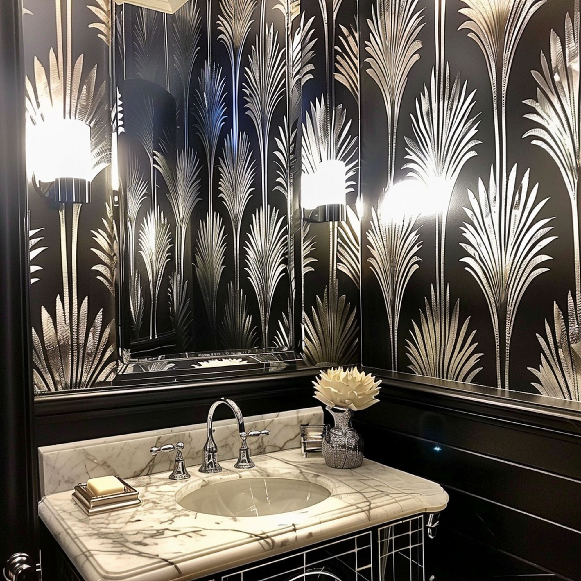 Powder Room With Metallic Art Deco Style Wallpaper