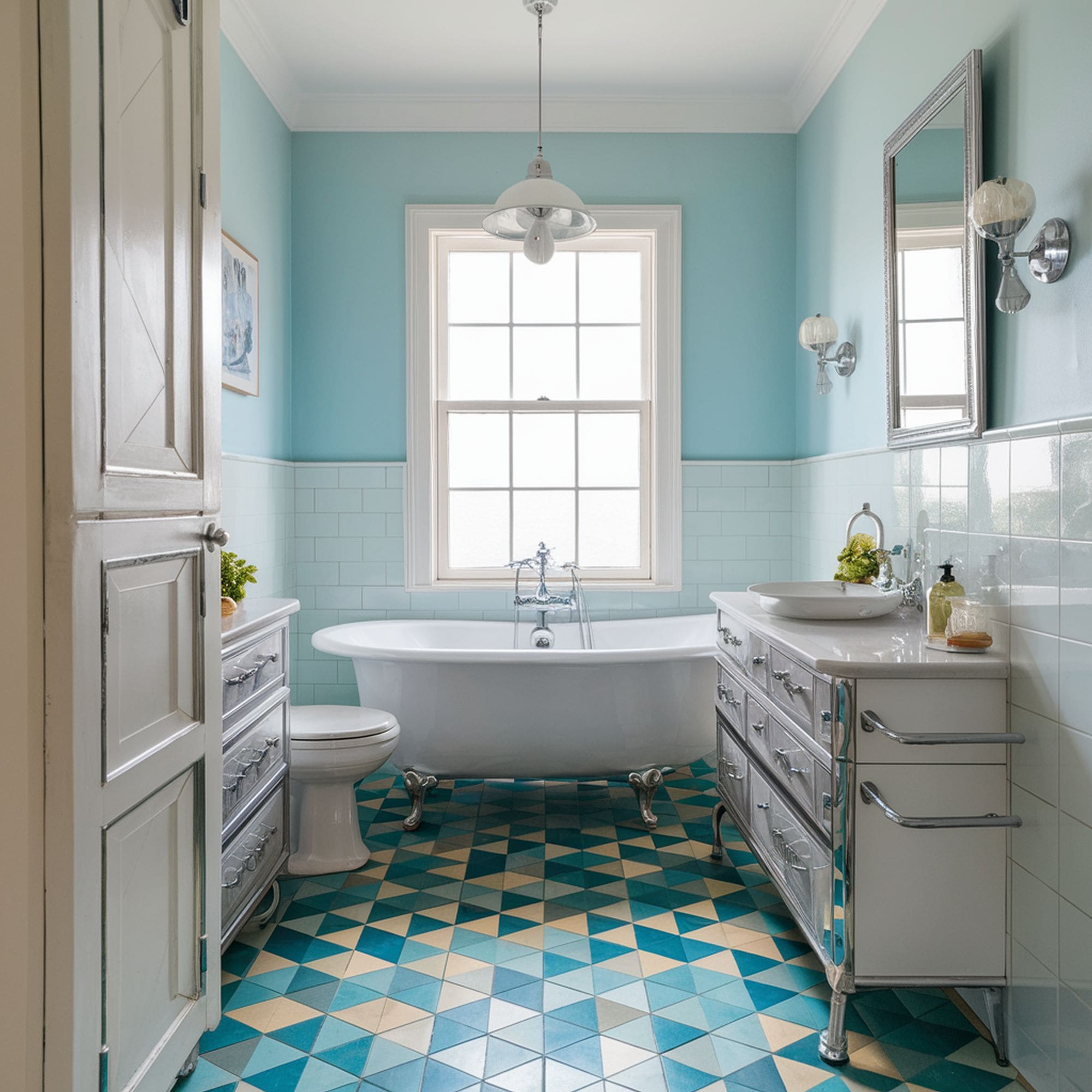 Turquoise Bathroom Geometric Floor