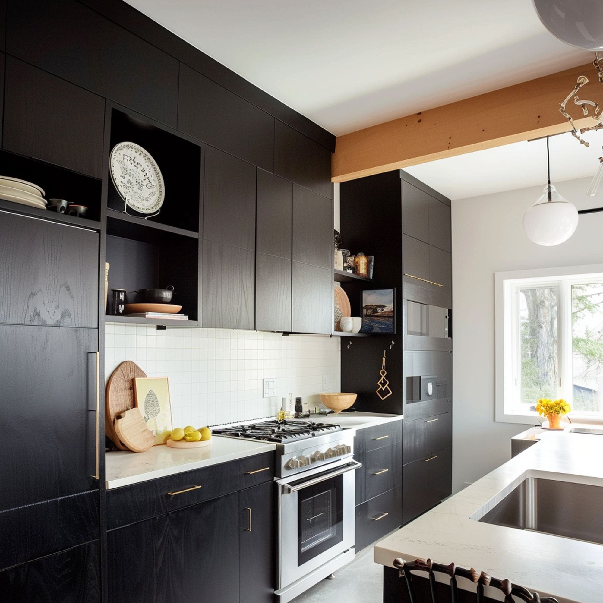 Black Kitchen With Painted Plywood Cabinets