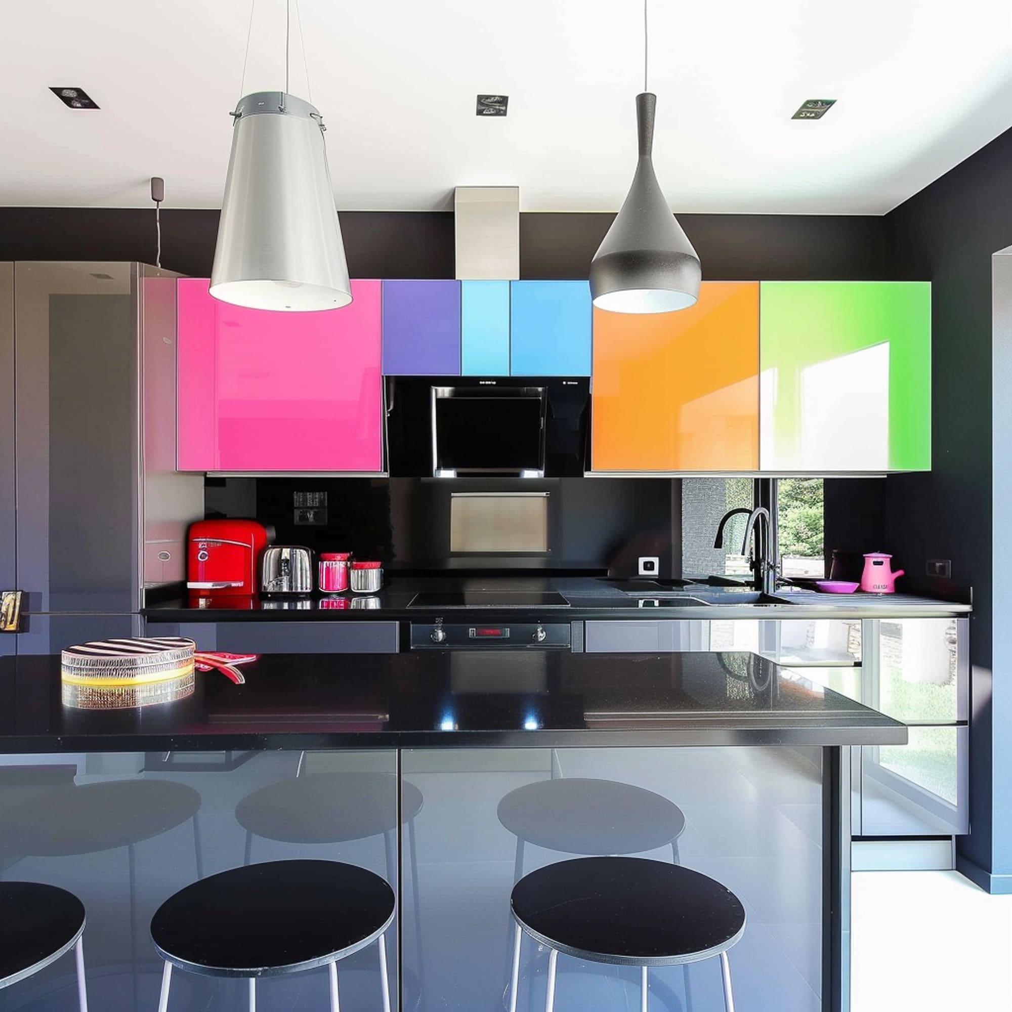 Black Kitchen With Colorful Upper Cabinets