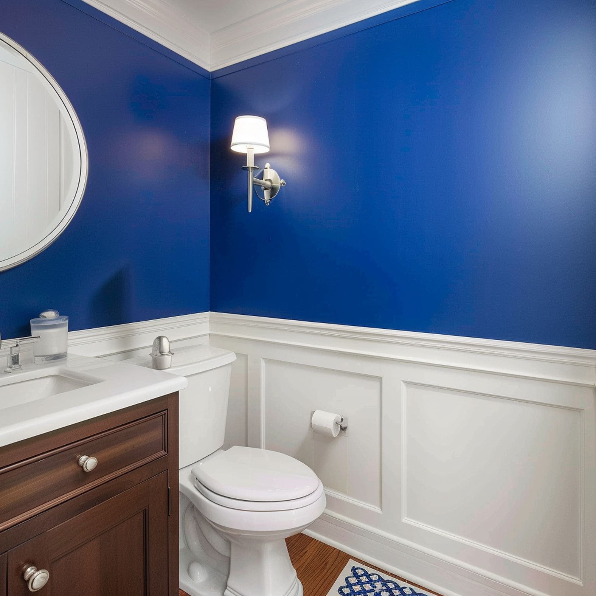 Powder Room With Royal Blue Wall and White Wainscoting