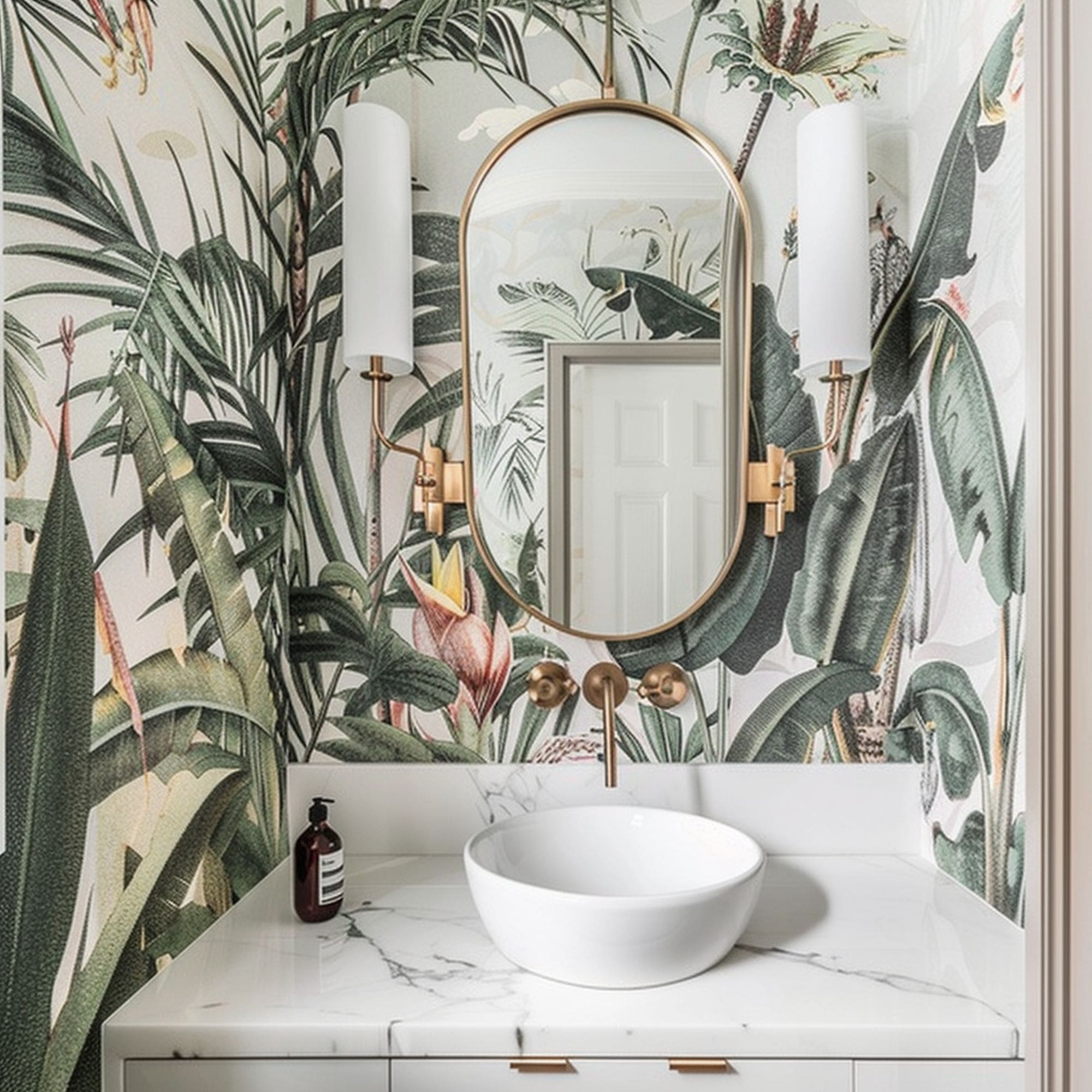 Powder Room With Tropical Wallpaper
