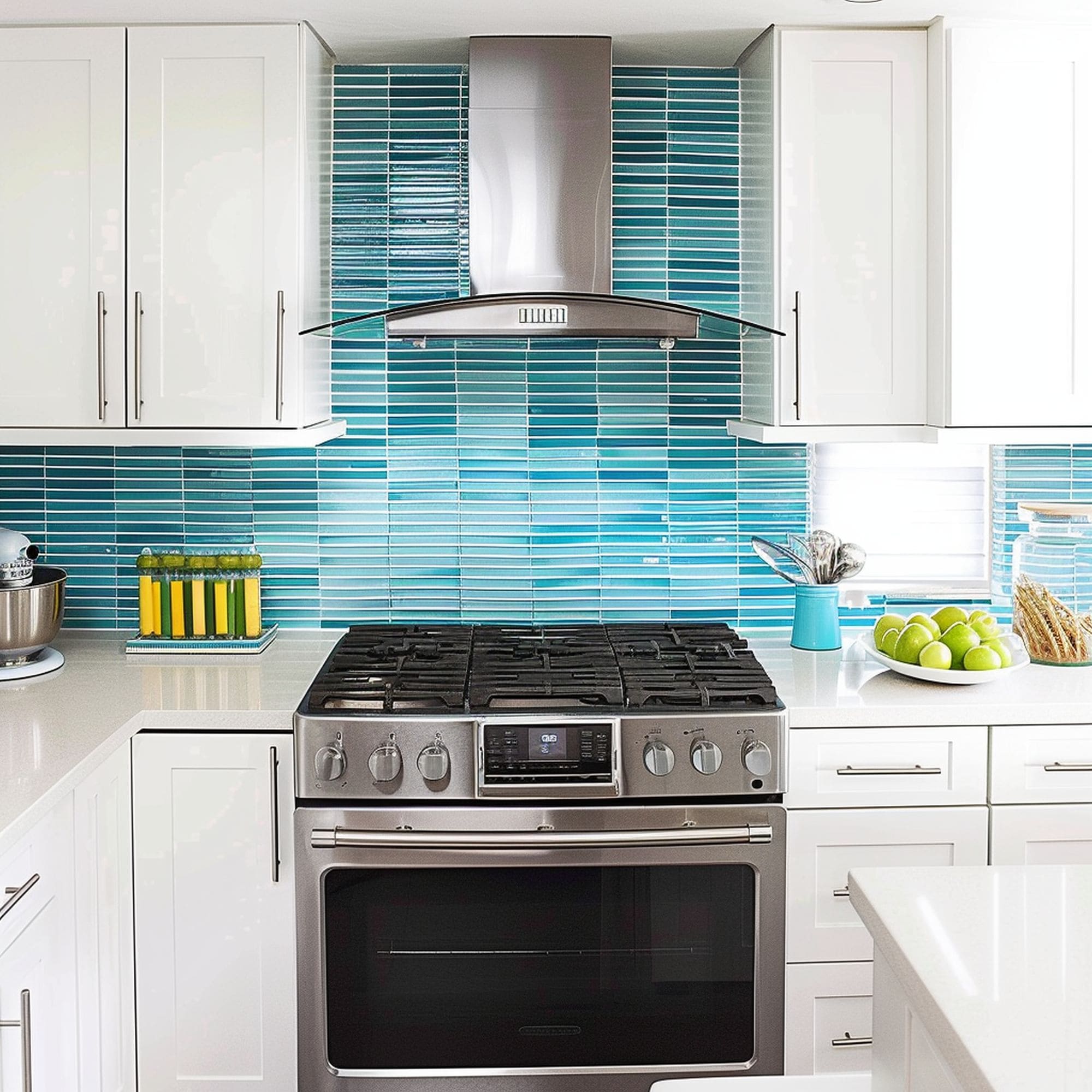 Stacked Blue Tile Kitchen Backsplash