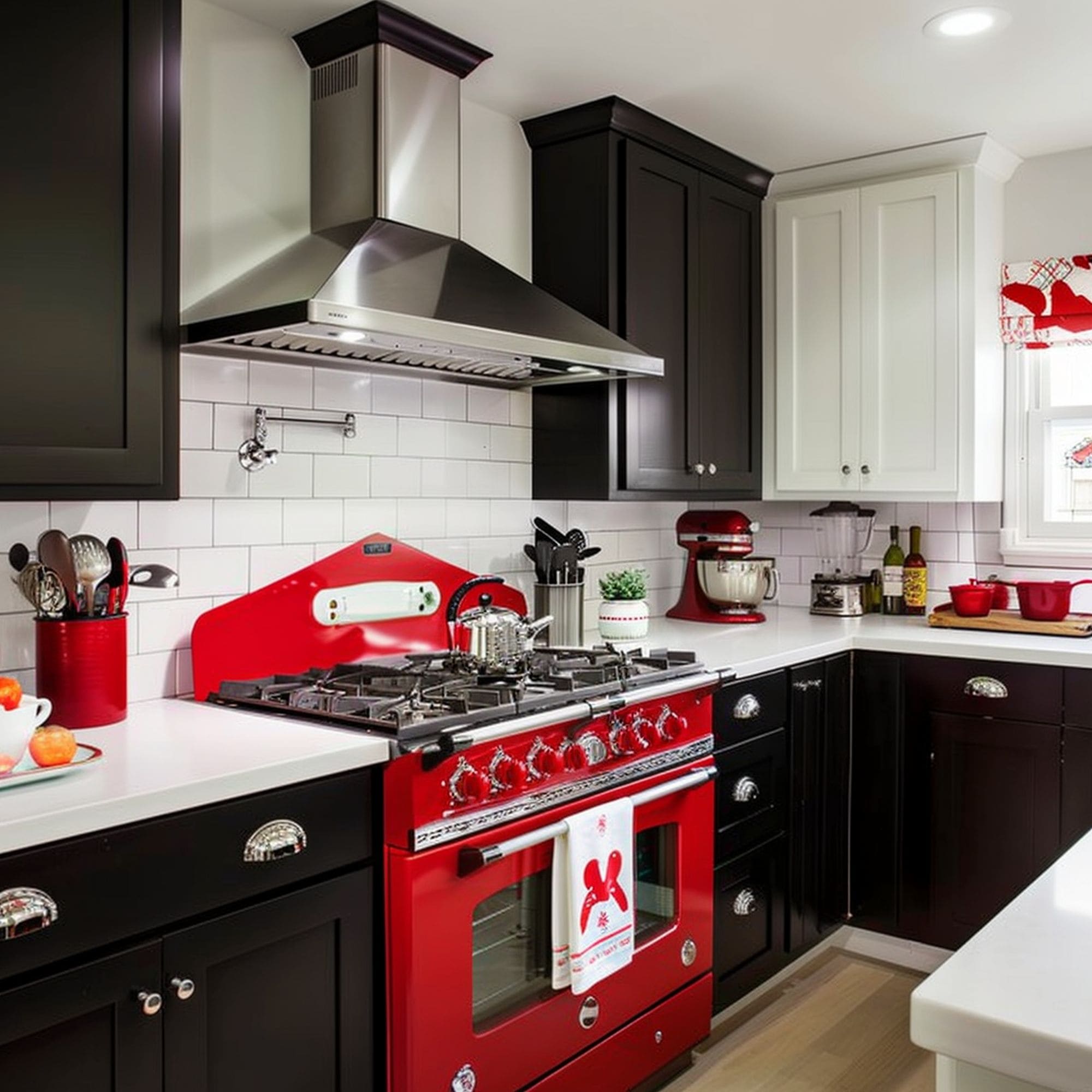 Black Kitchen With Retro Red Stove
