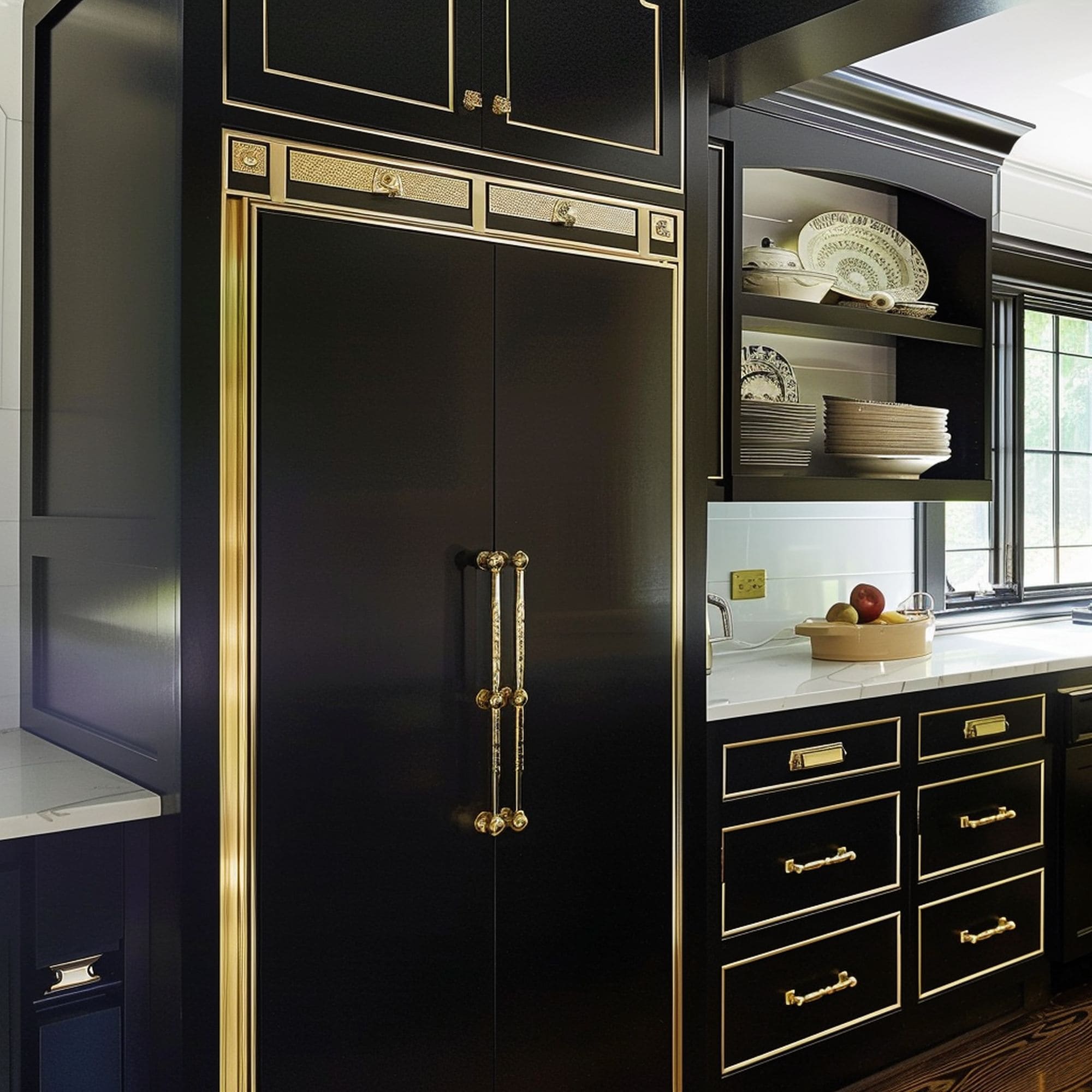 Black Kitchen With Brass Accented Custom Fridge Cabinet