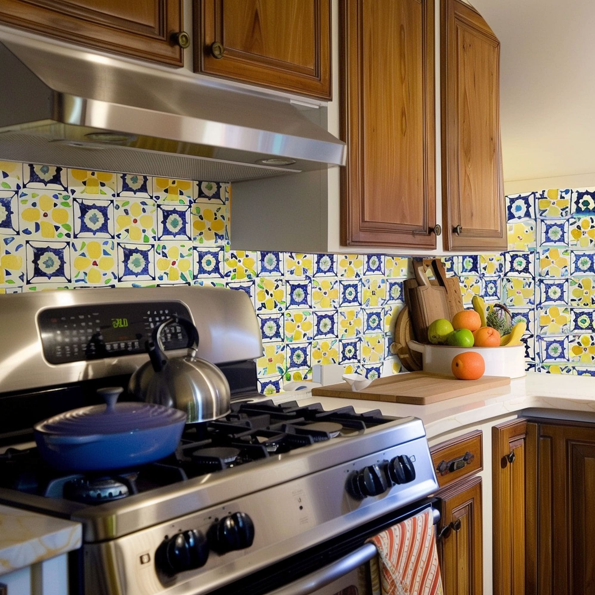 Blue and Yellow Pattern Kitchen Backsplash