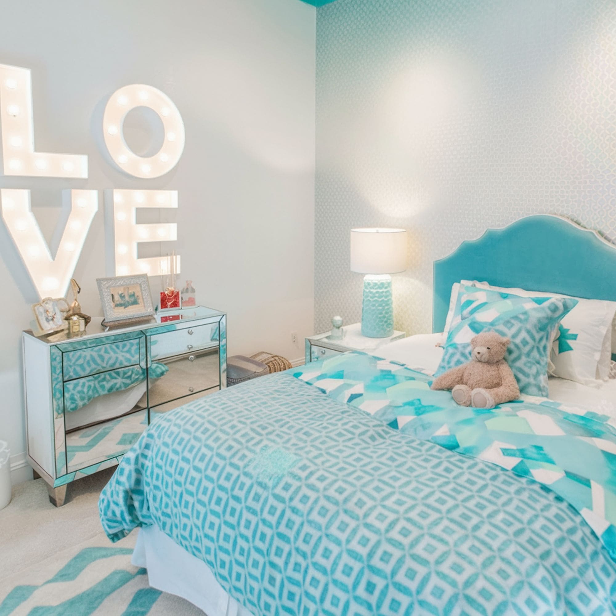 Patterned Turquoise Bedroom