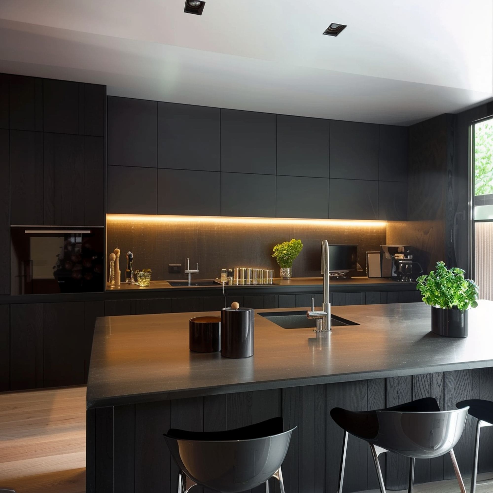 Black Kitchen With Under Cabinet Illumination
