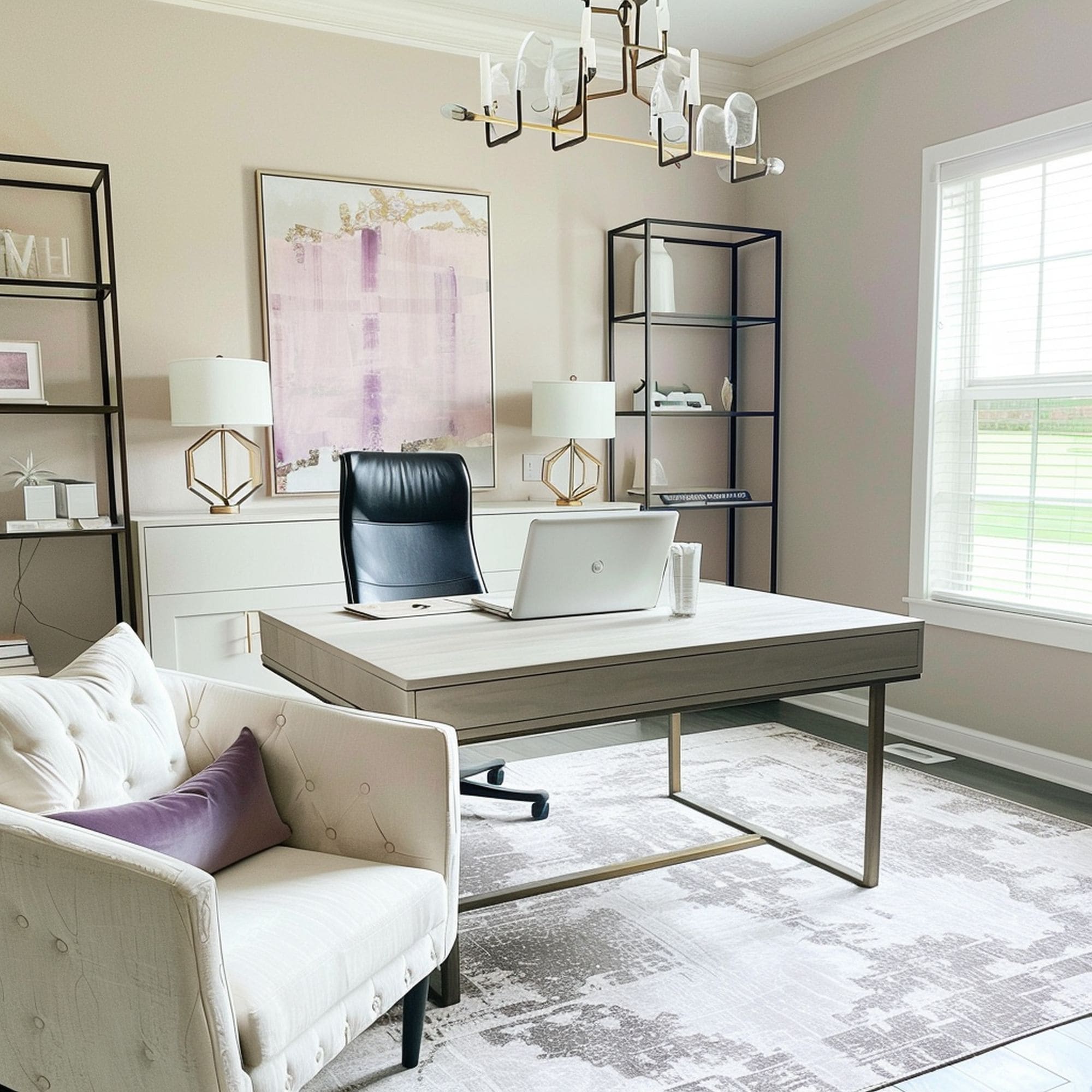 Neutral Home Office With Purple Accents