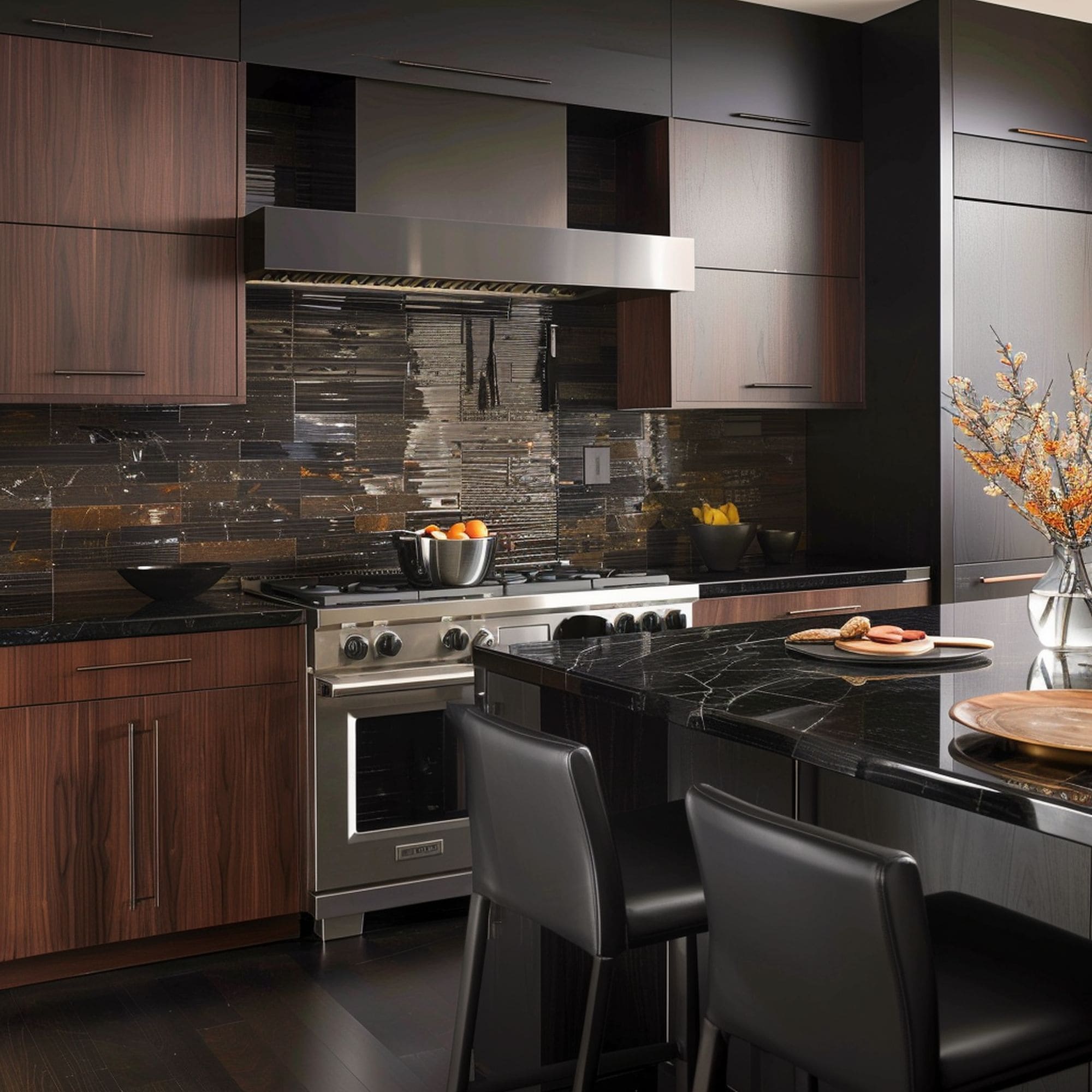 Black Kitchen With Gunmetal Texture Backsplash