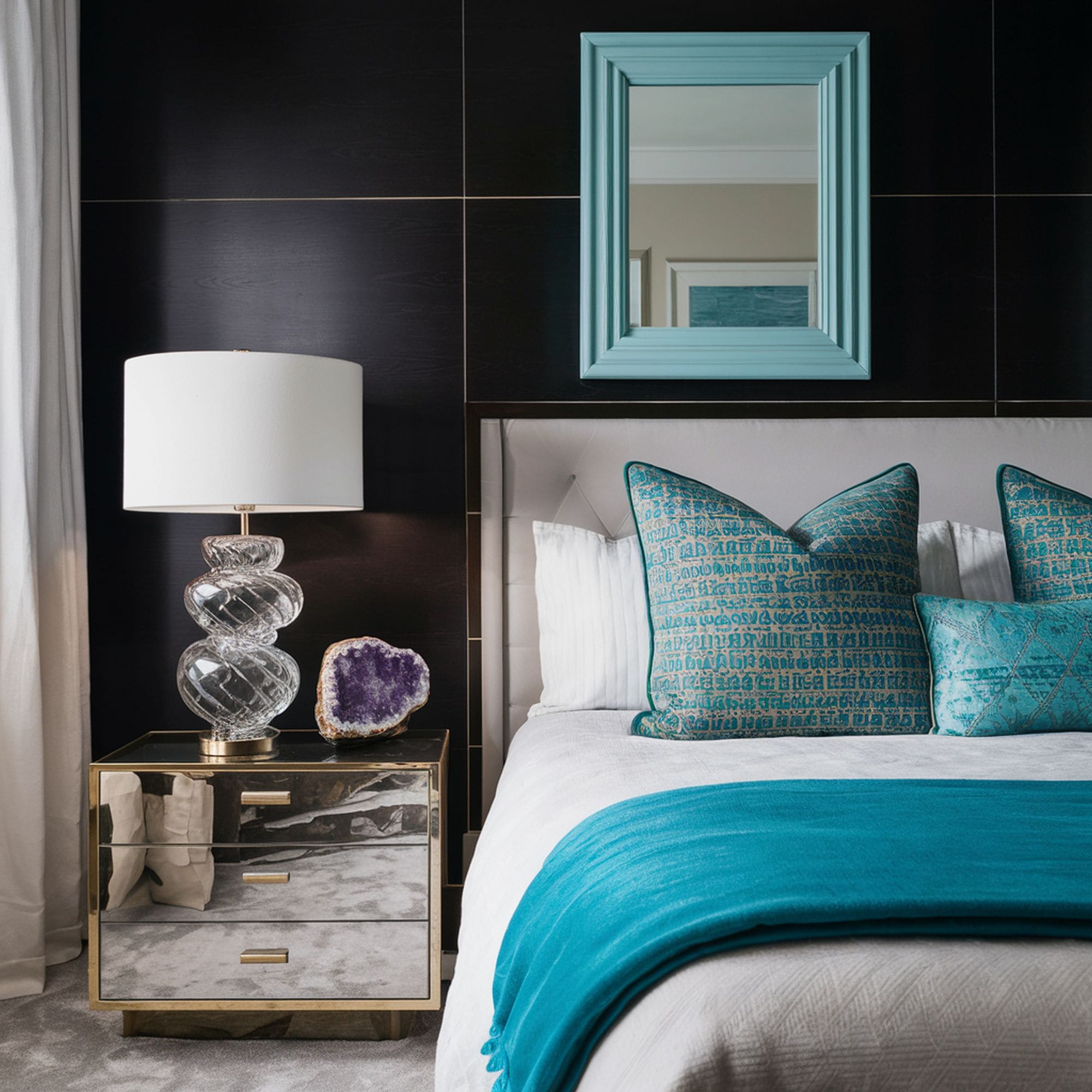 Modern Bedroom With Turquoise Framed Mirror