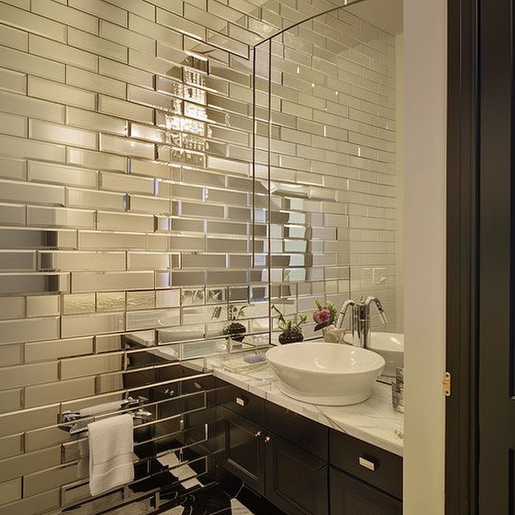 Powder Room With Mirror Subway Tile Design