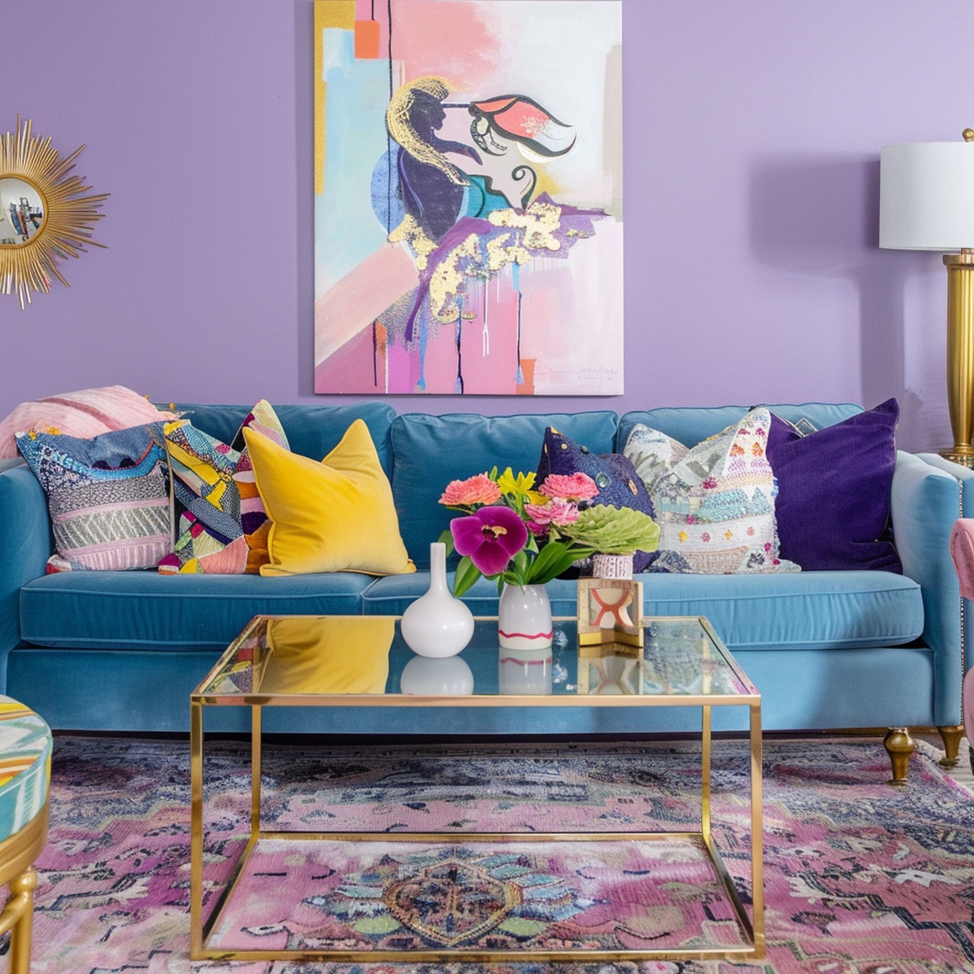 Maximalist Colorful Living Room With Purple Wall and Accents