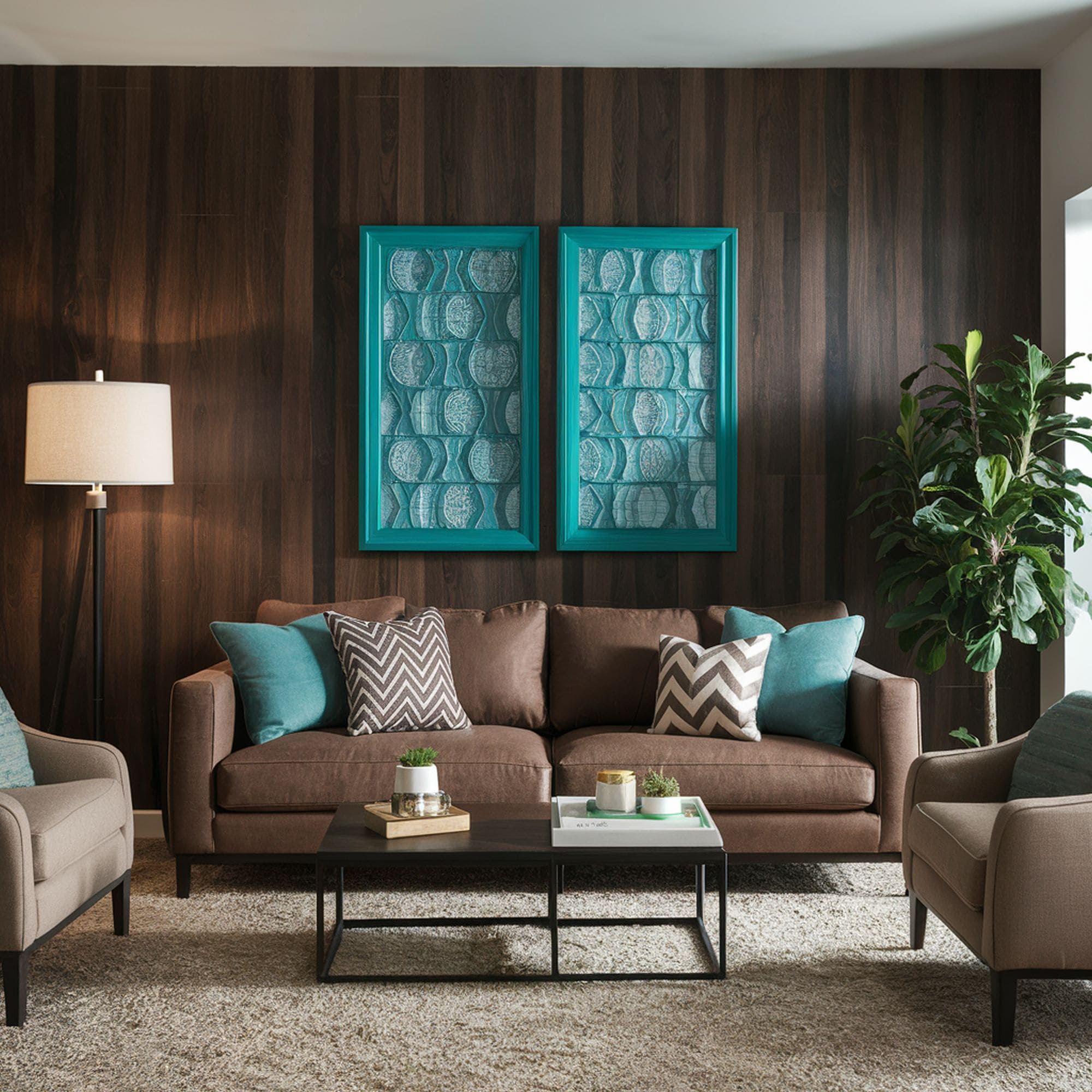 Turquoise Wall Art in Brown Living Room