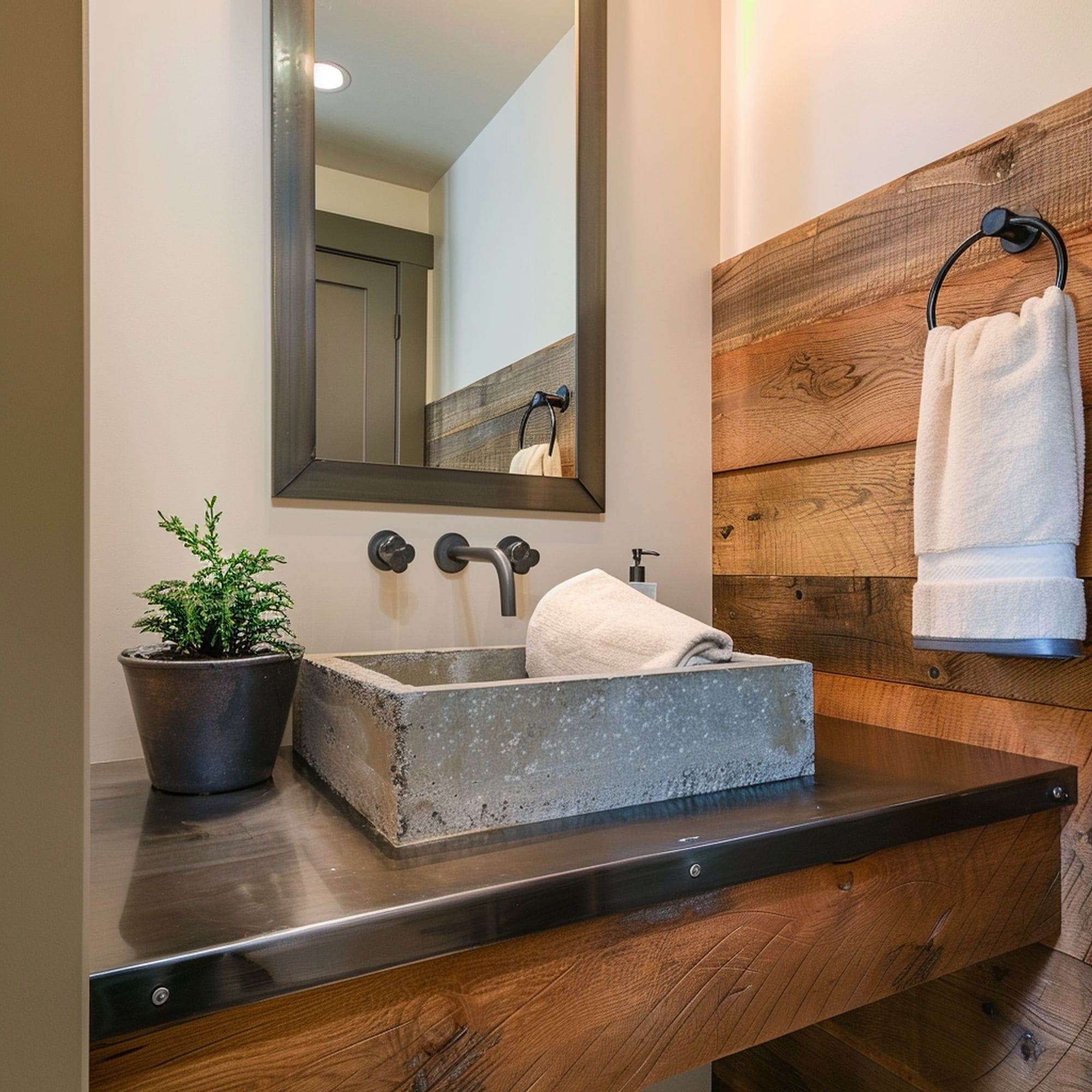 Powder Room With Cement Basin and Wood Vanity