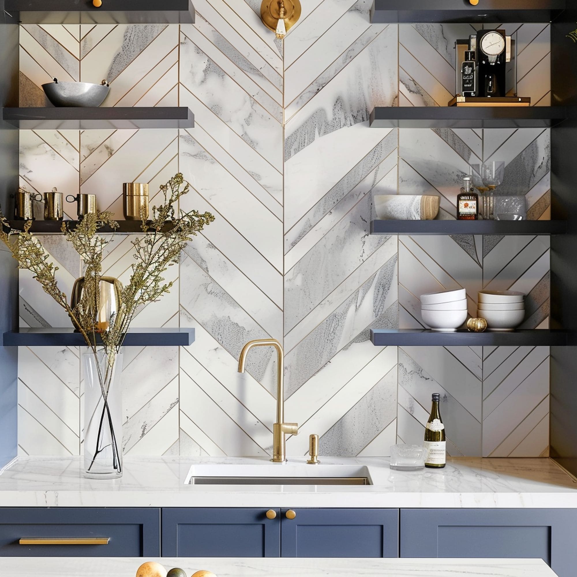 Gold Accented Marble Kitchen Backsplash