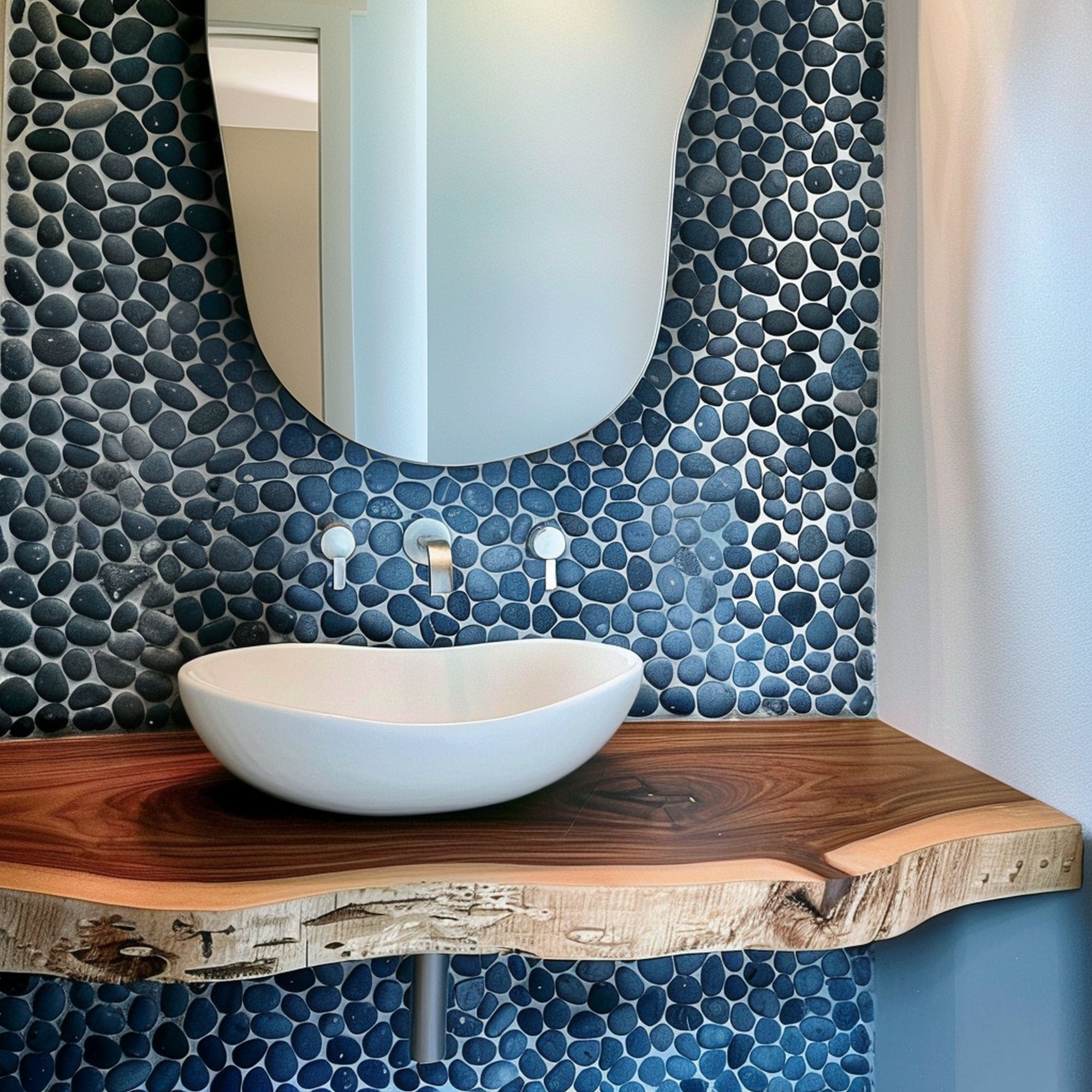 Powder Room With Blue Pebble Accent Wall