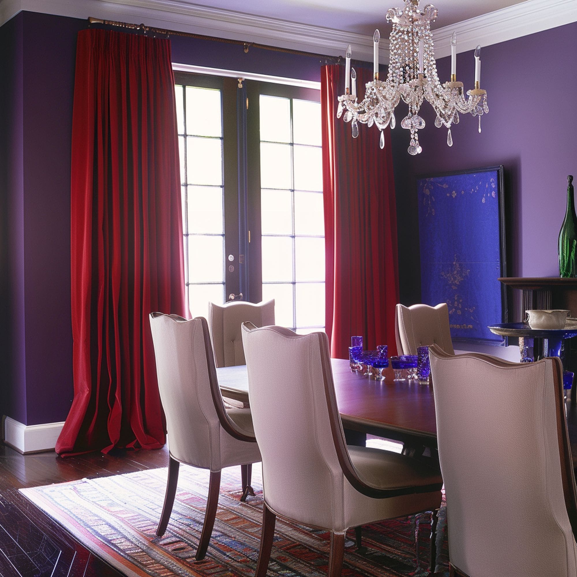 Purple Dining Room With Crimson Red Curtains