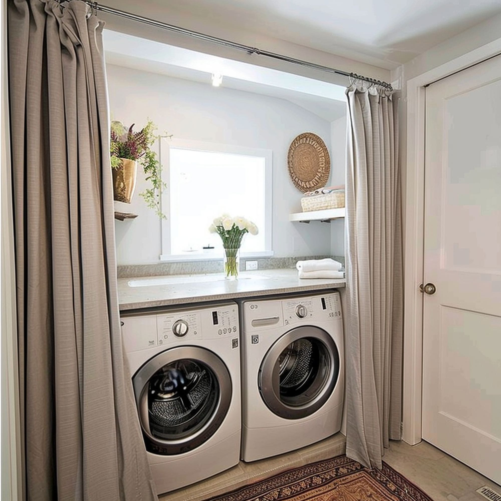 Compact Laundry Room With Curtains