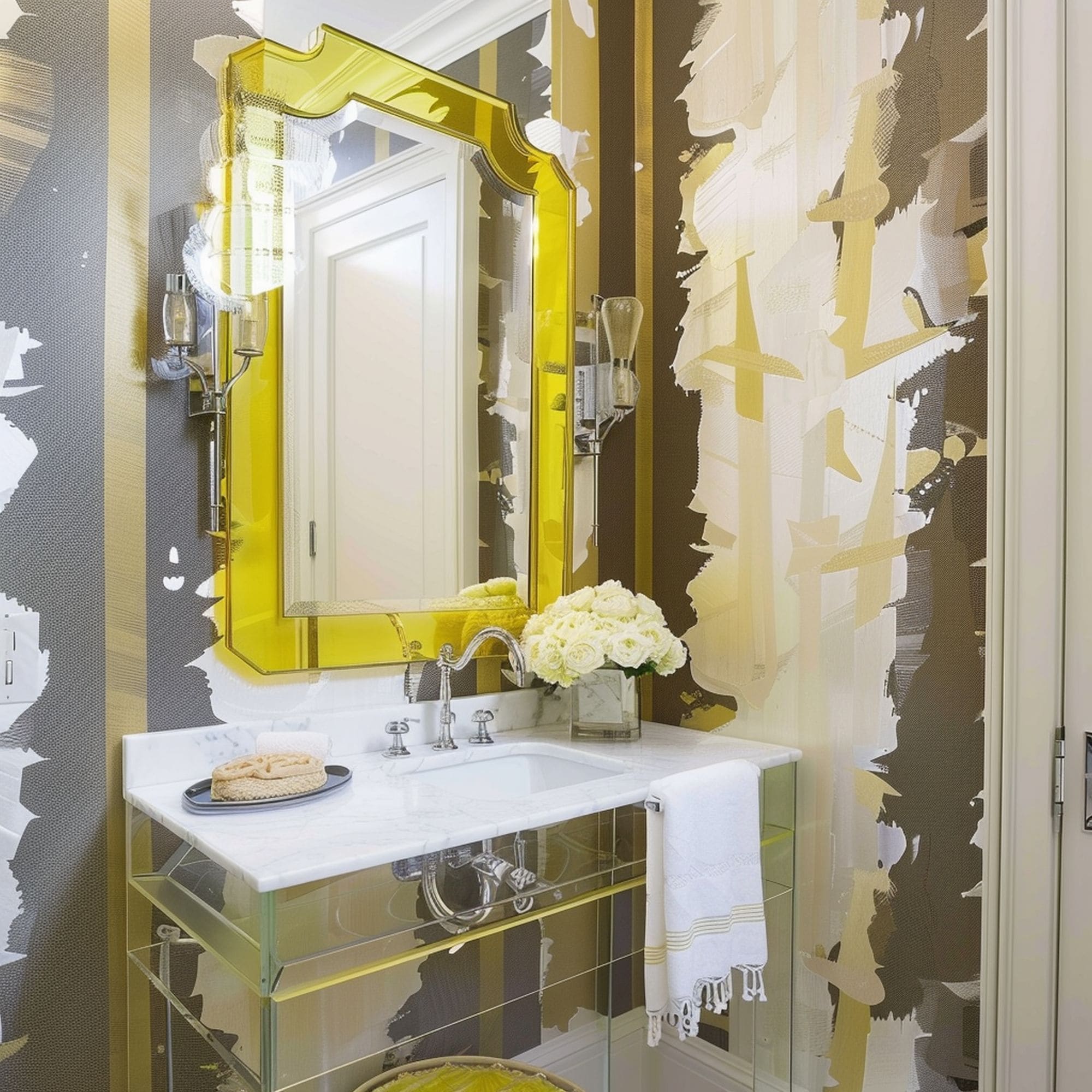 Elegant Powder Room With Yellow Lucite Mirror