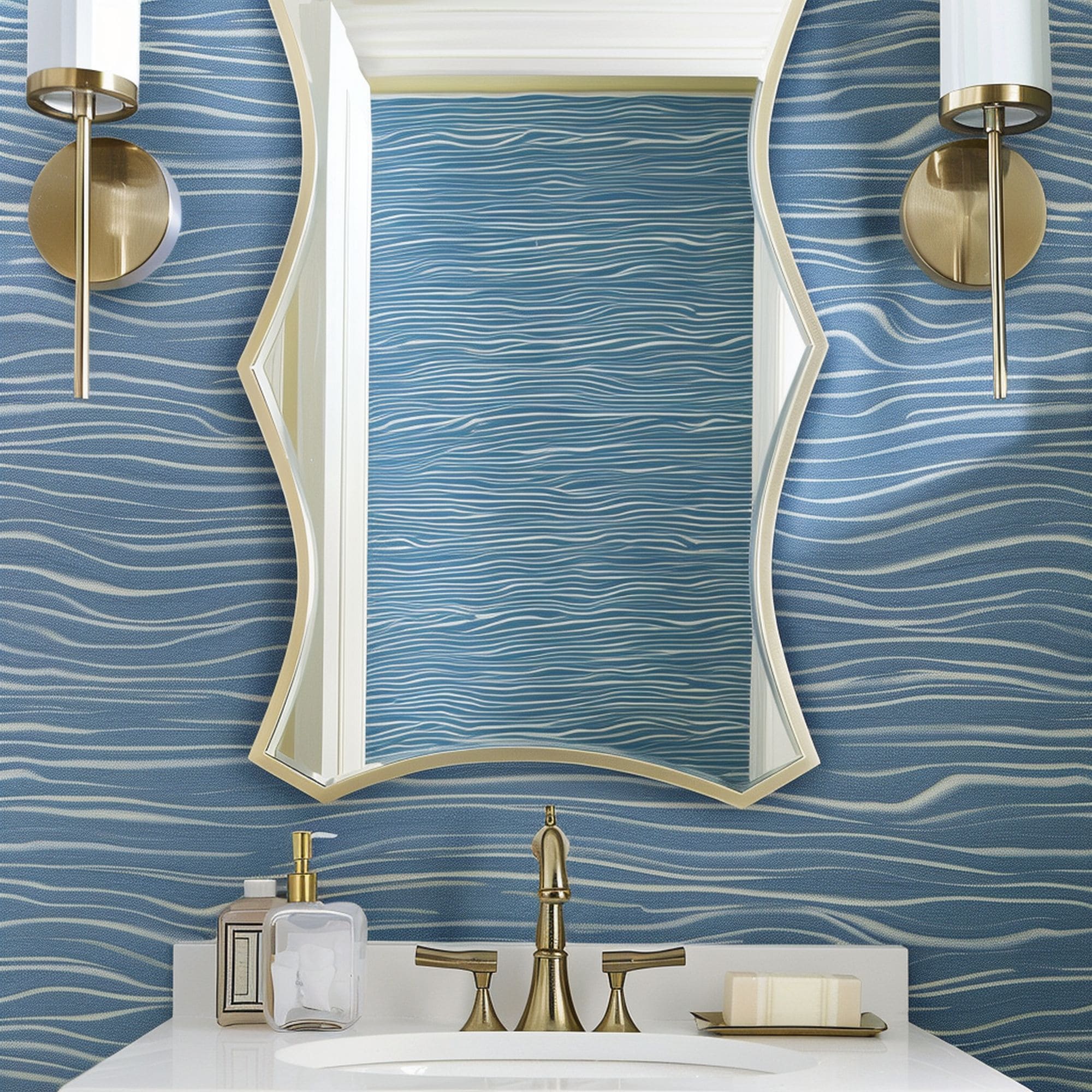 Powder Room With Uniquely Shaped Mirror