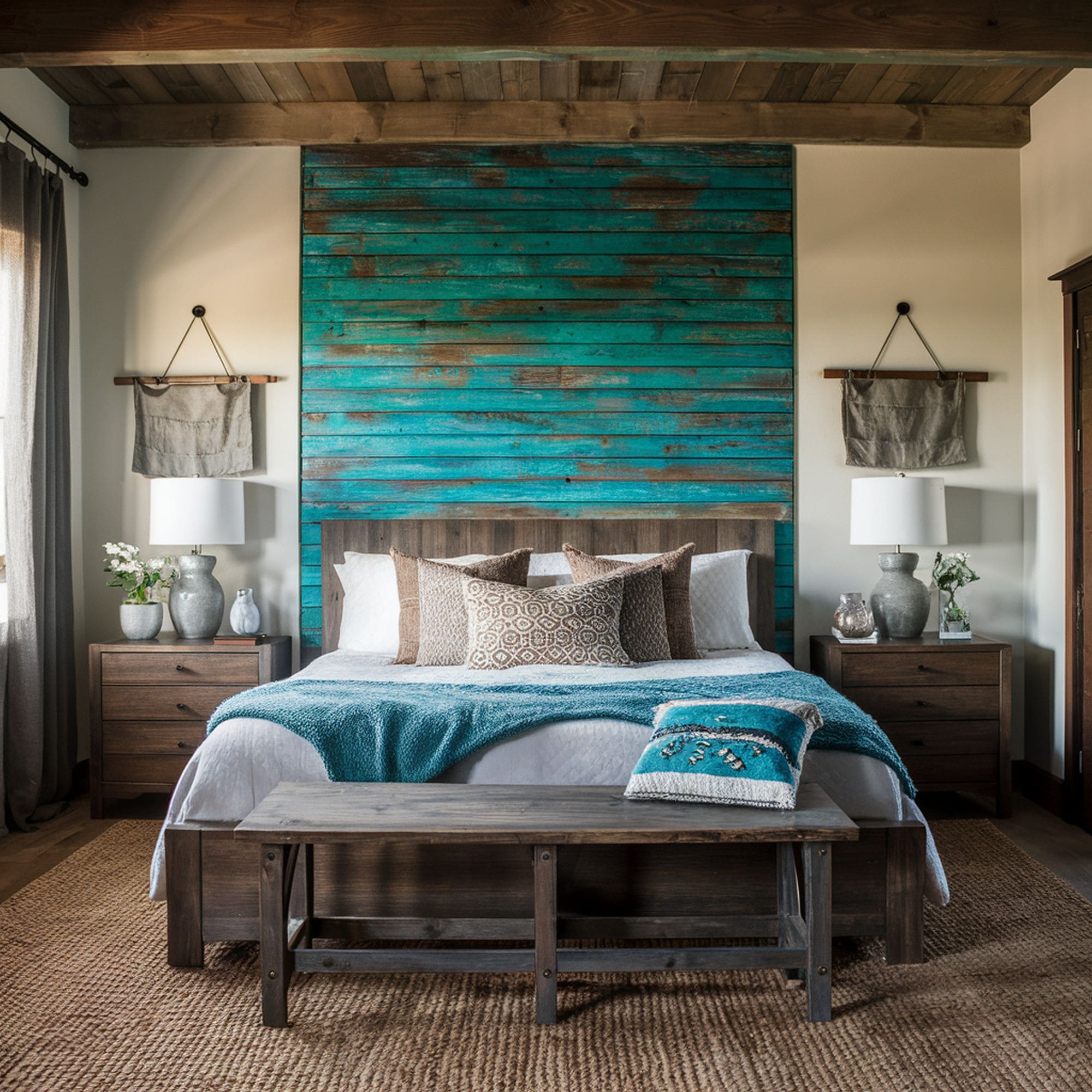 Rustic Bedroom With Distressed Turquoise Accent Wall