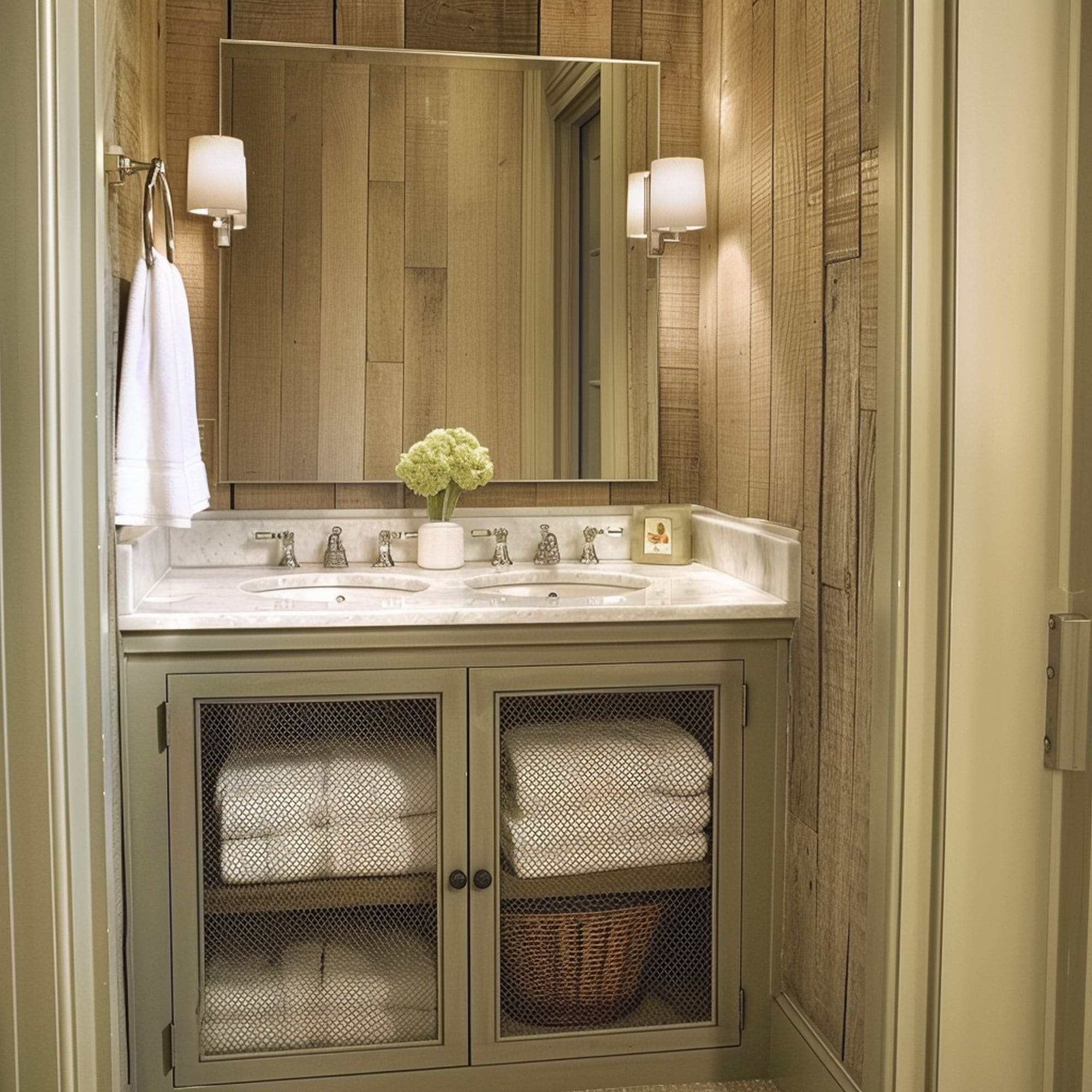 Rustic Powder Room With Chicken Wire Cabinets